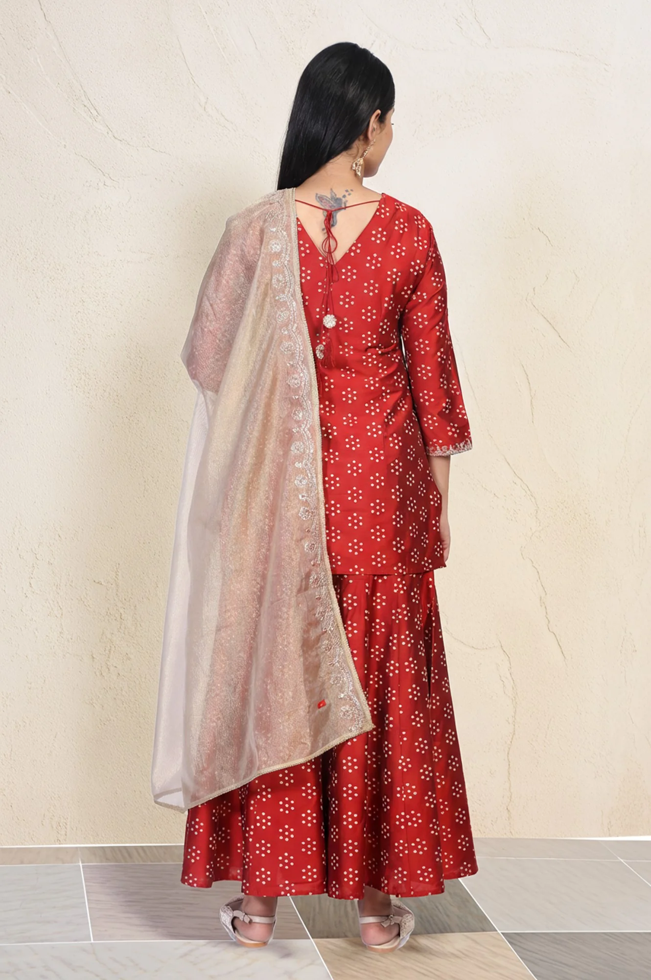 Red Embroidered Straight Art Silk Kurta with Sharara and Dupatta Set - Image 5