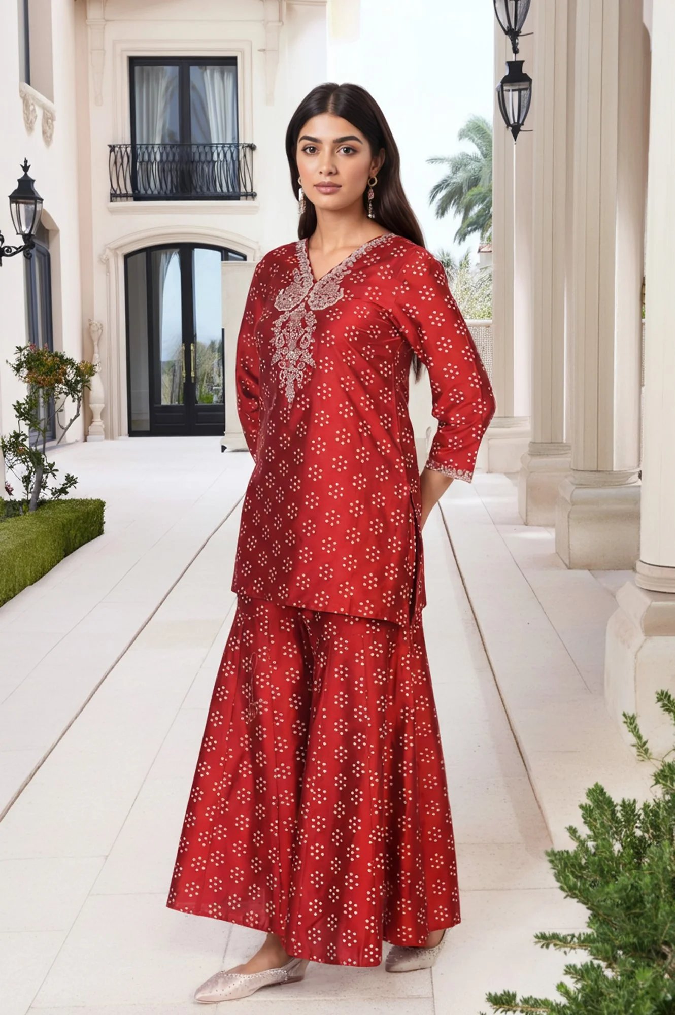 Red Embroidered Straight Art Silk Kurta with Sharara and Dupatta Set - Image 6