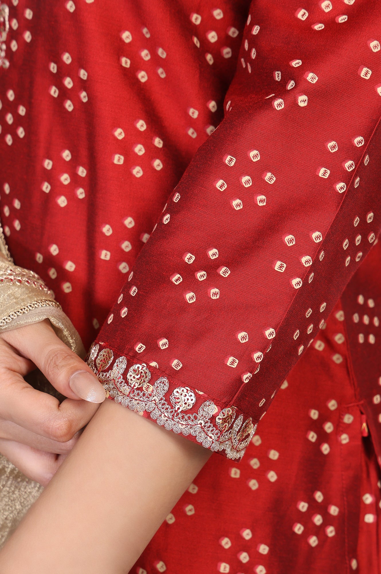 Red Embroidered Straight Art Silk Kurta with Sharara and Dupatta Set - Image 8