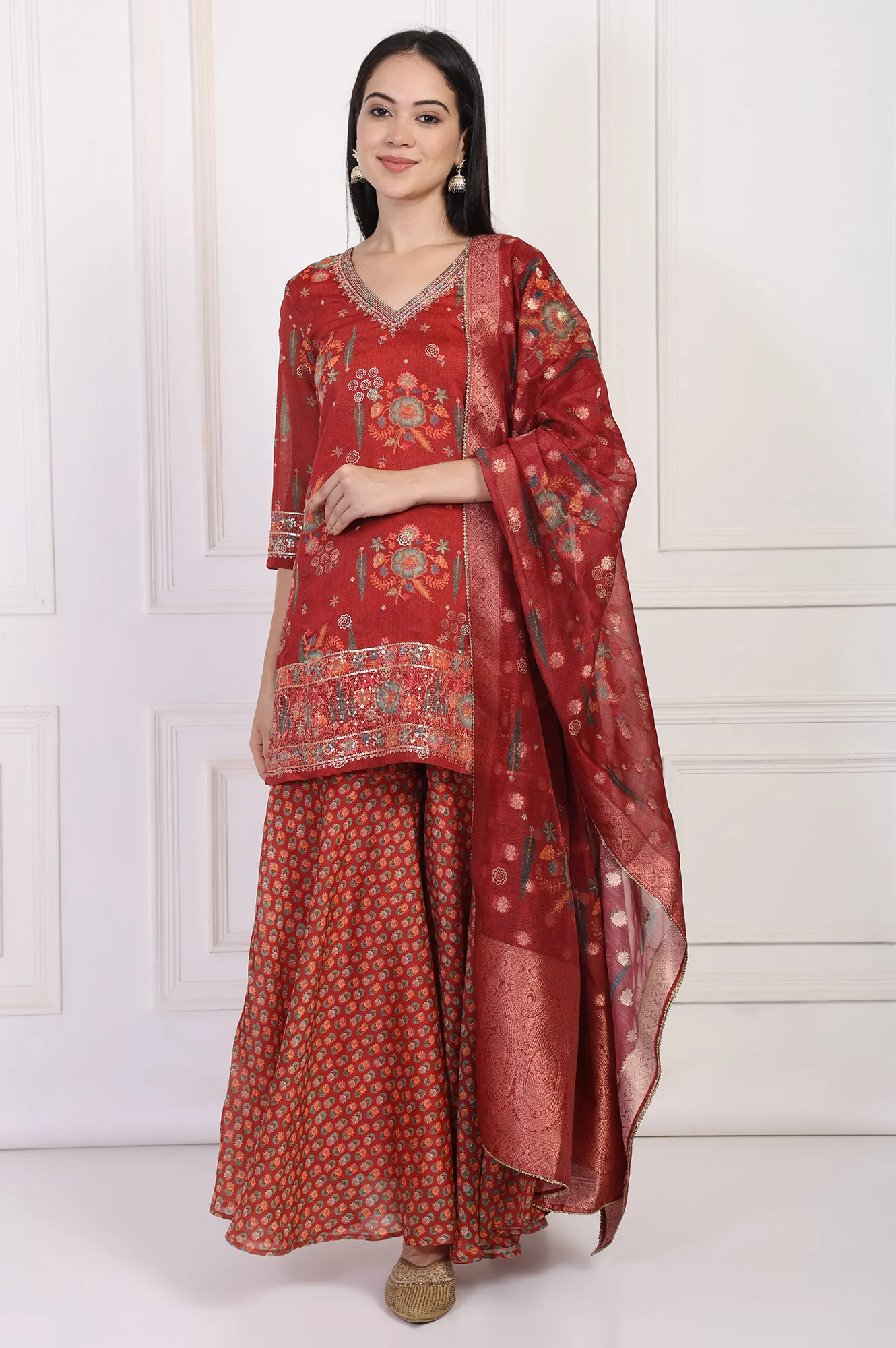 Red Embroidered Straight Jacquard Kurta with Sharara and Dupatta Set - Image 3