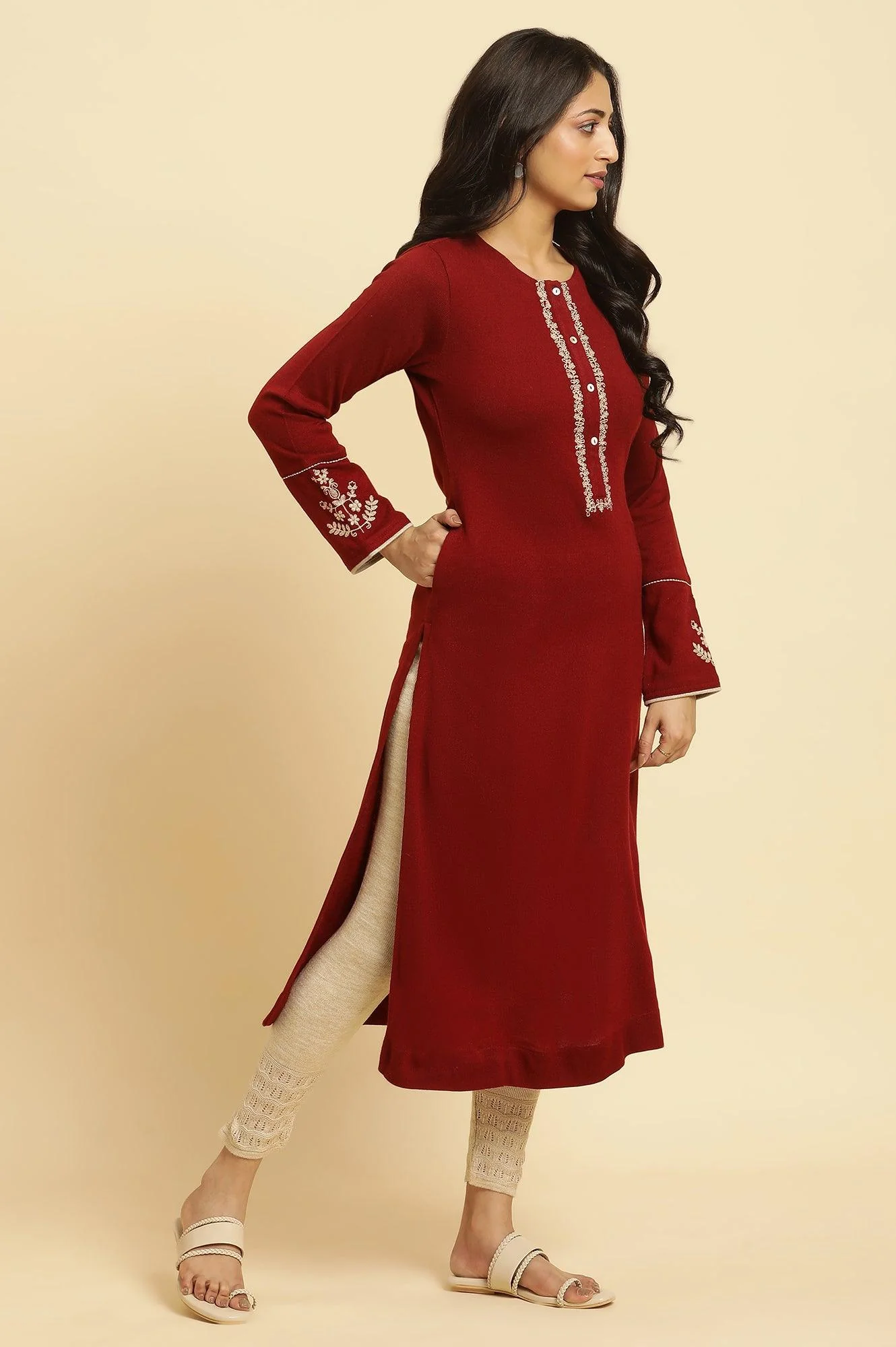 Red Embroidered Winter Kurta And Tights Set - Image 5