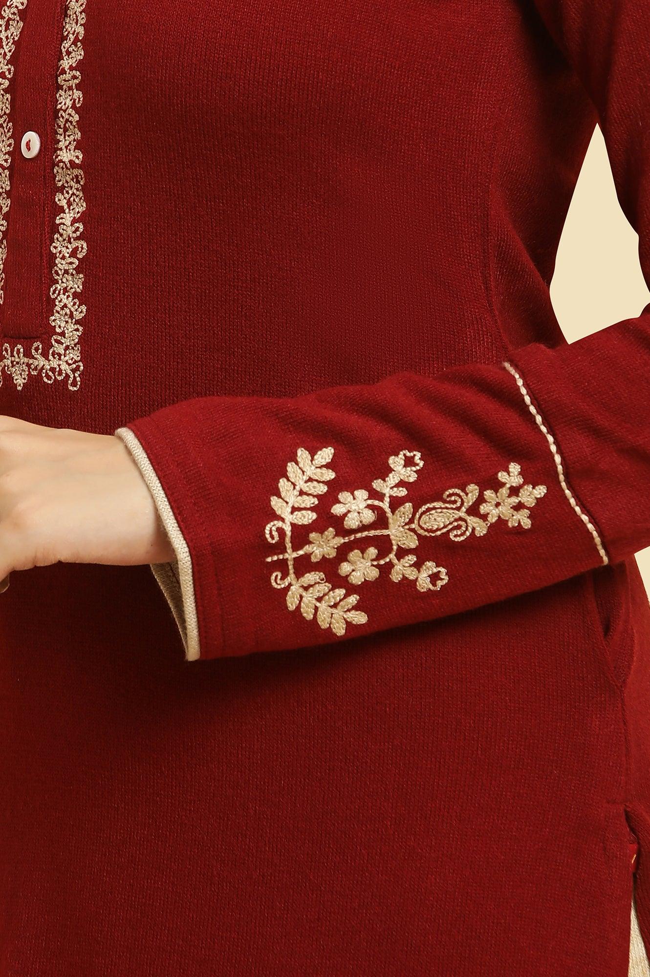Red Embroidered Winter Kurta And Tights Set - Image 7