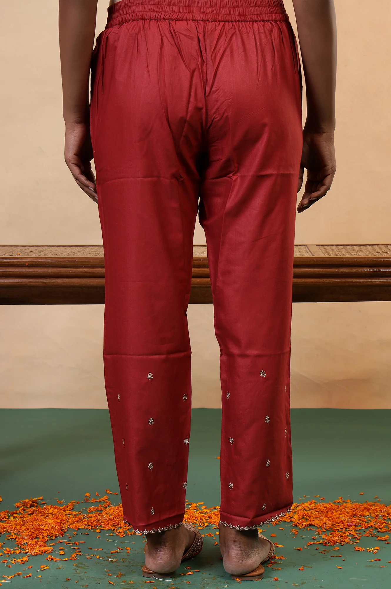Red Embroidered Zari Work Straight Tussar Silk Pant - Image 3