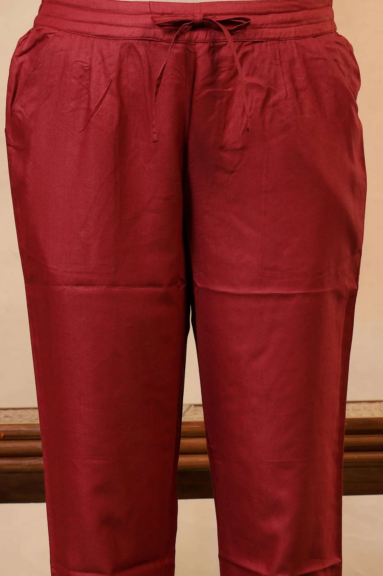 Red Embroidered Zari Work Straight Tussar Silk Pant - Image 6