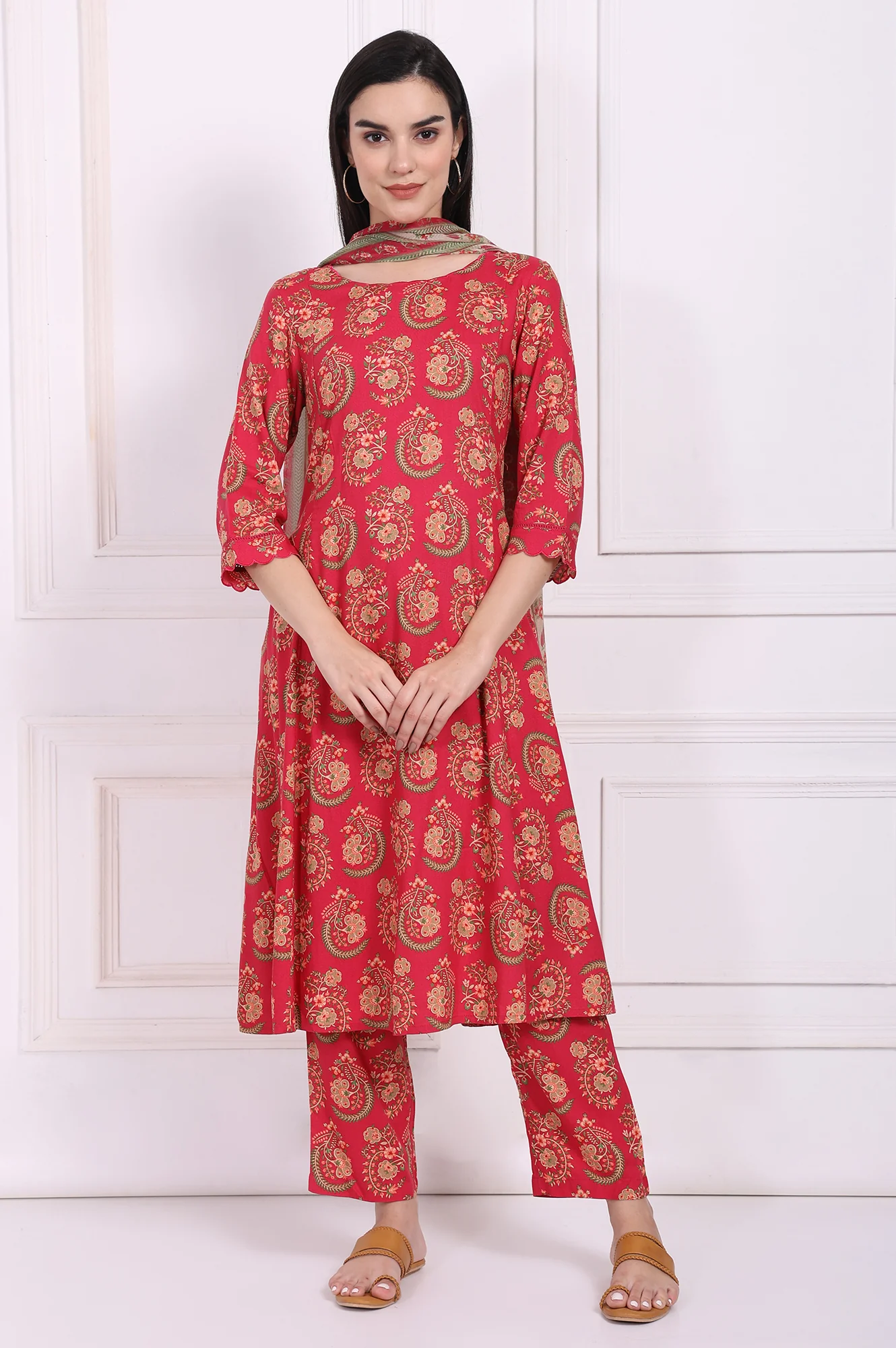 Red Ethnic Motifs Printed A-Line Rayon Kurta with Straight Pant and Dupatta Set - Image 2