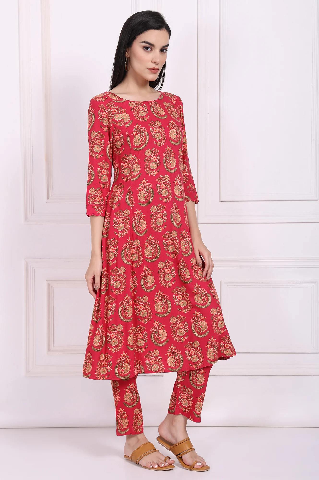 Red Ethnic Motifs Printed A-Line Rayon Kurta with Straight Pant and Dupatta Set - Image 6