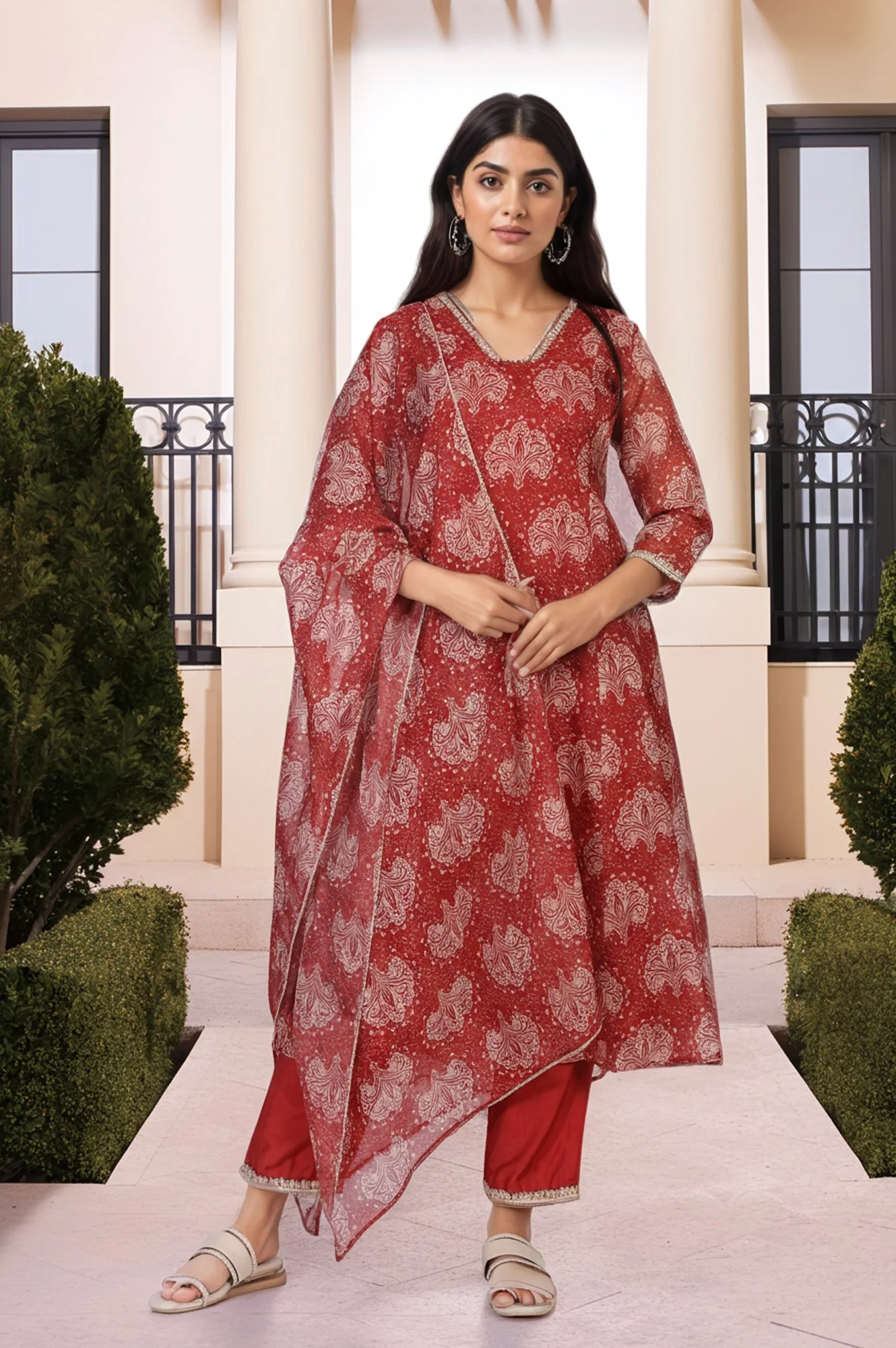 Red Ethnic Motifs Printed Embellished Anarkali Organza Kurta with Straight Pant and Dupatta Set - Image 2