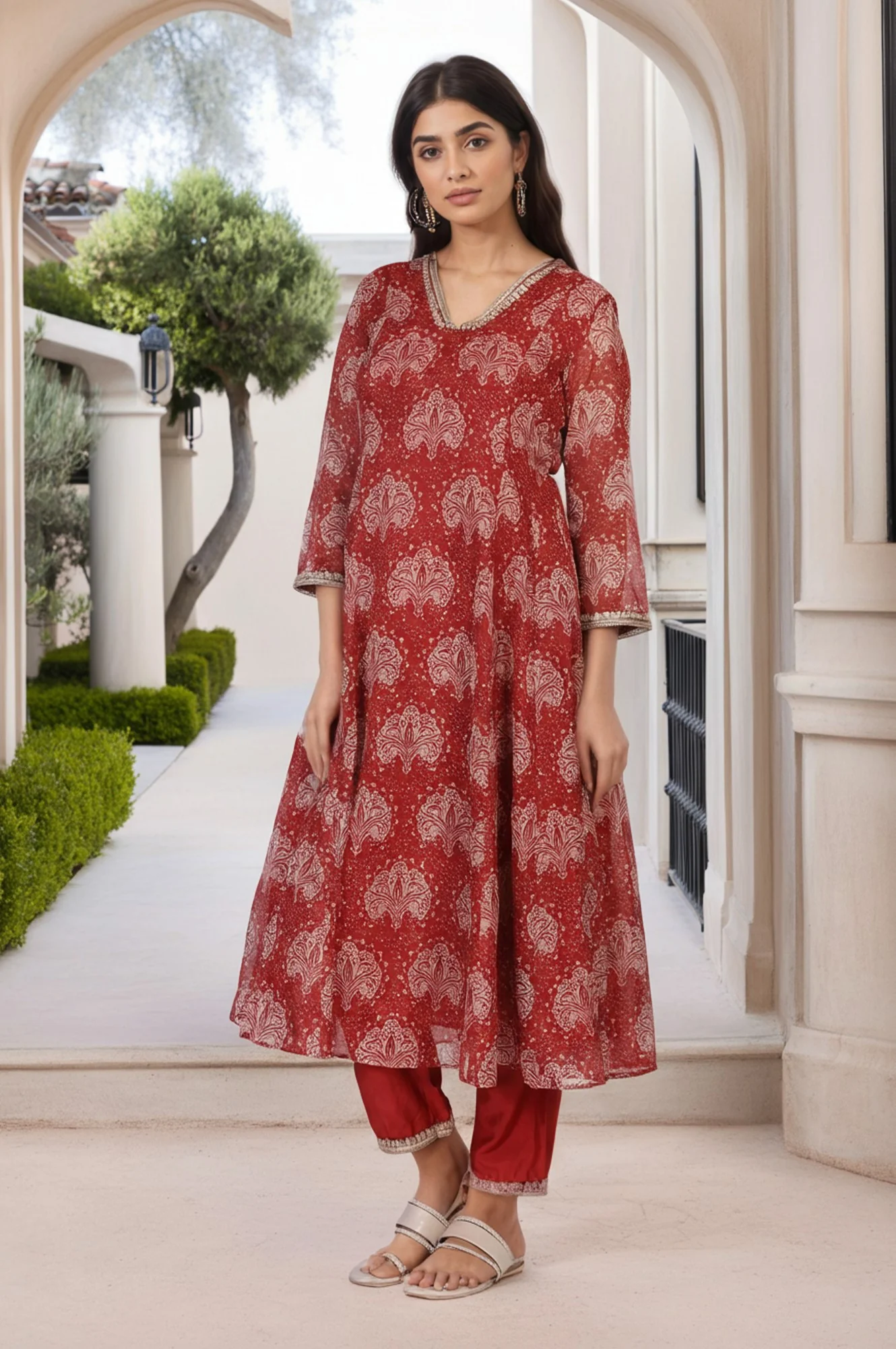 Red Ethnic Motifs Printed Embellished Anarkali Organza Kurta with Straight Pant and Dupatta Set - Image 6