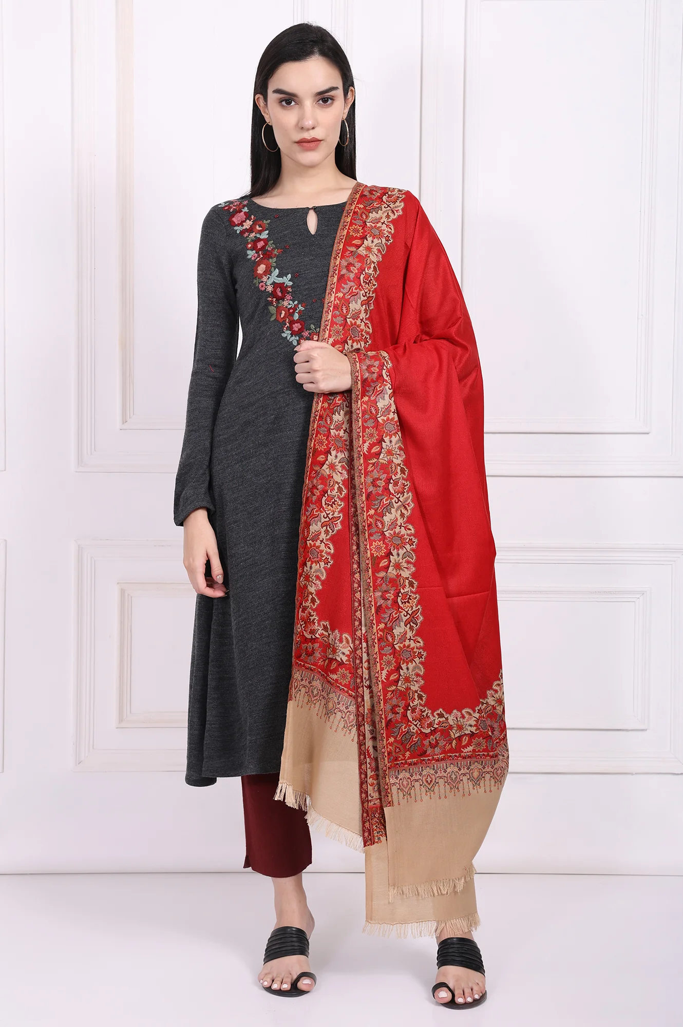 Red Ethnic Motifs Shawl - Image 2