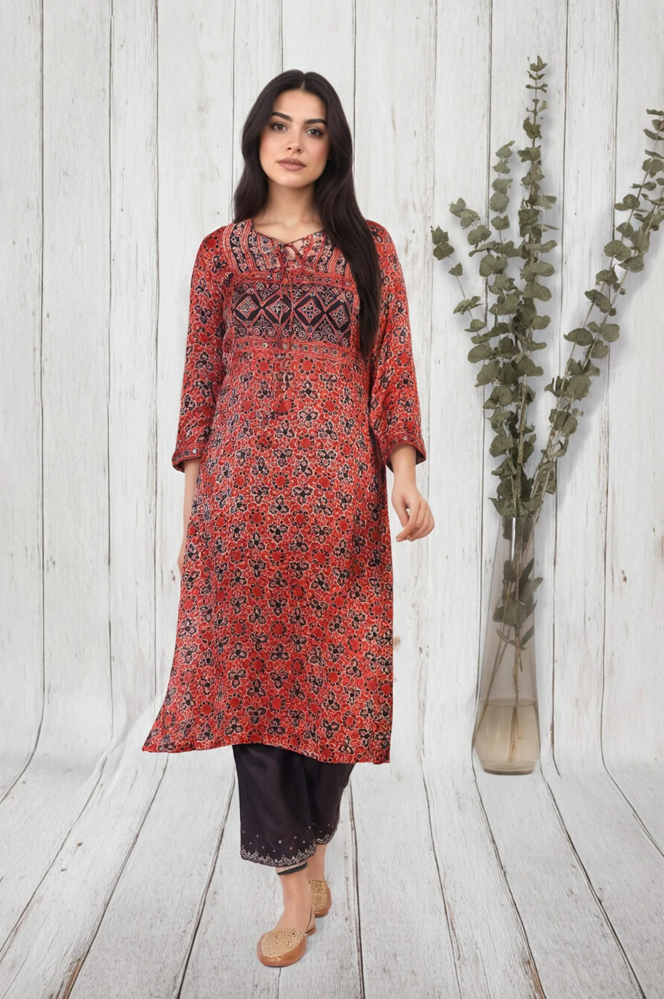 Red Ethnic Printed Mirror Work Straight Satin Kurta - Image 2