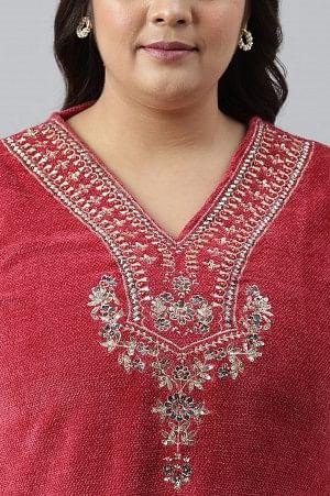 Red Flared Embroidered Winter kurta - Image 5