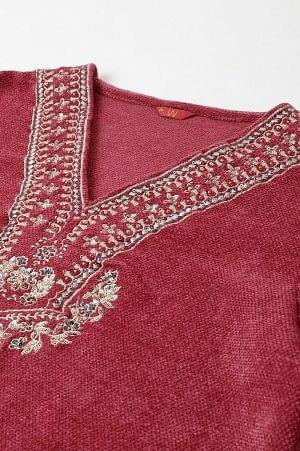 Red Flared Embroidered Winter kurta - Image 7