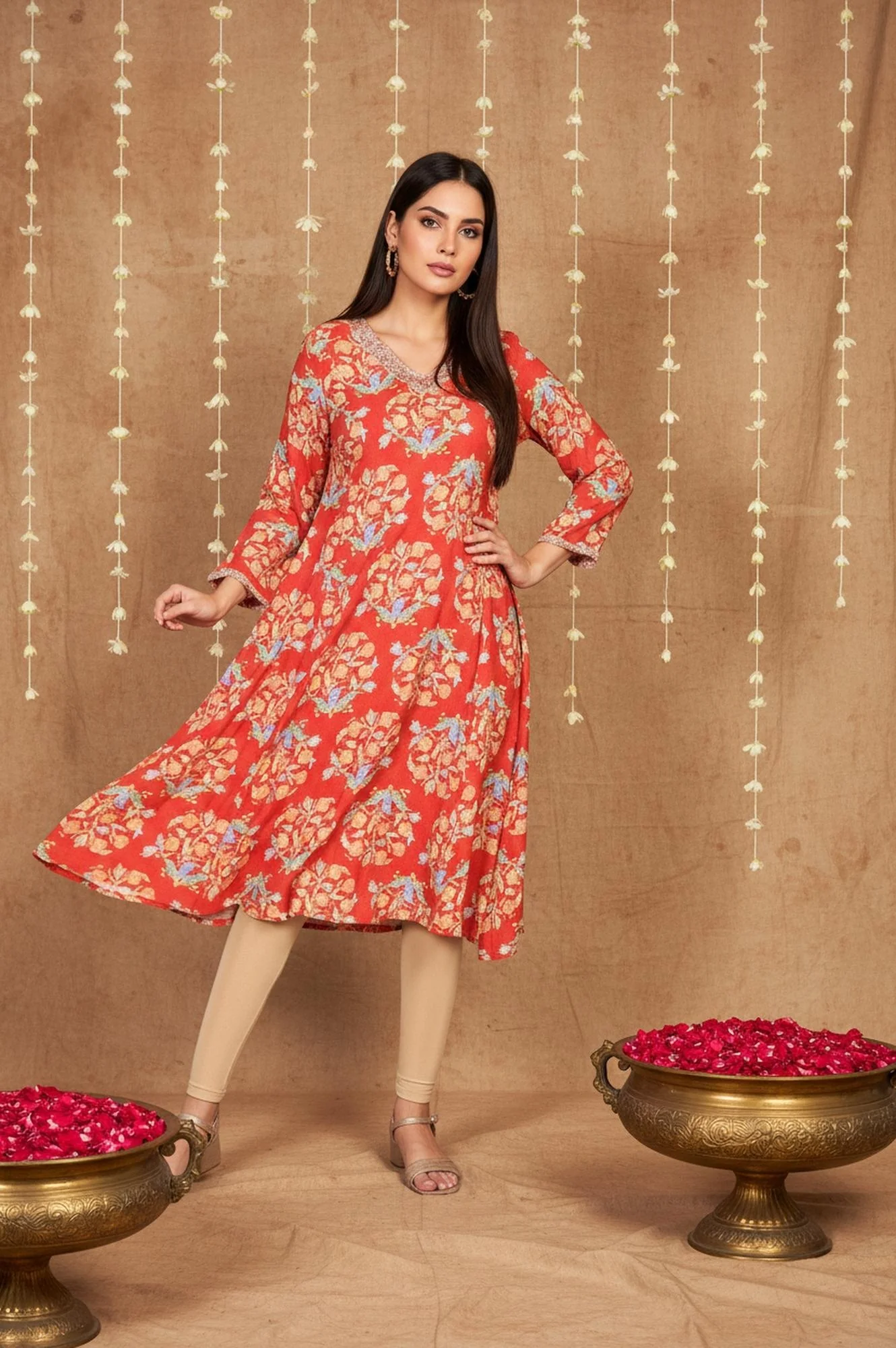 Red Floral Embroidered Flared Rayon Kurta