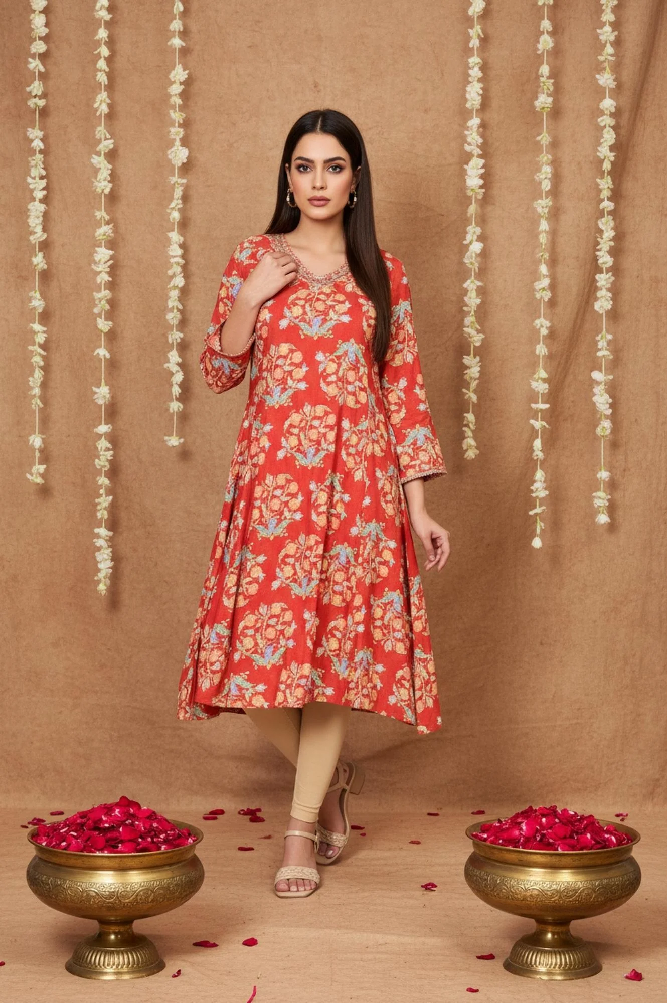 Red Floral Embroidered Flared Rayon Kurta - Image 2