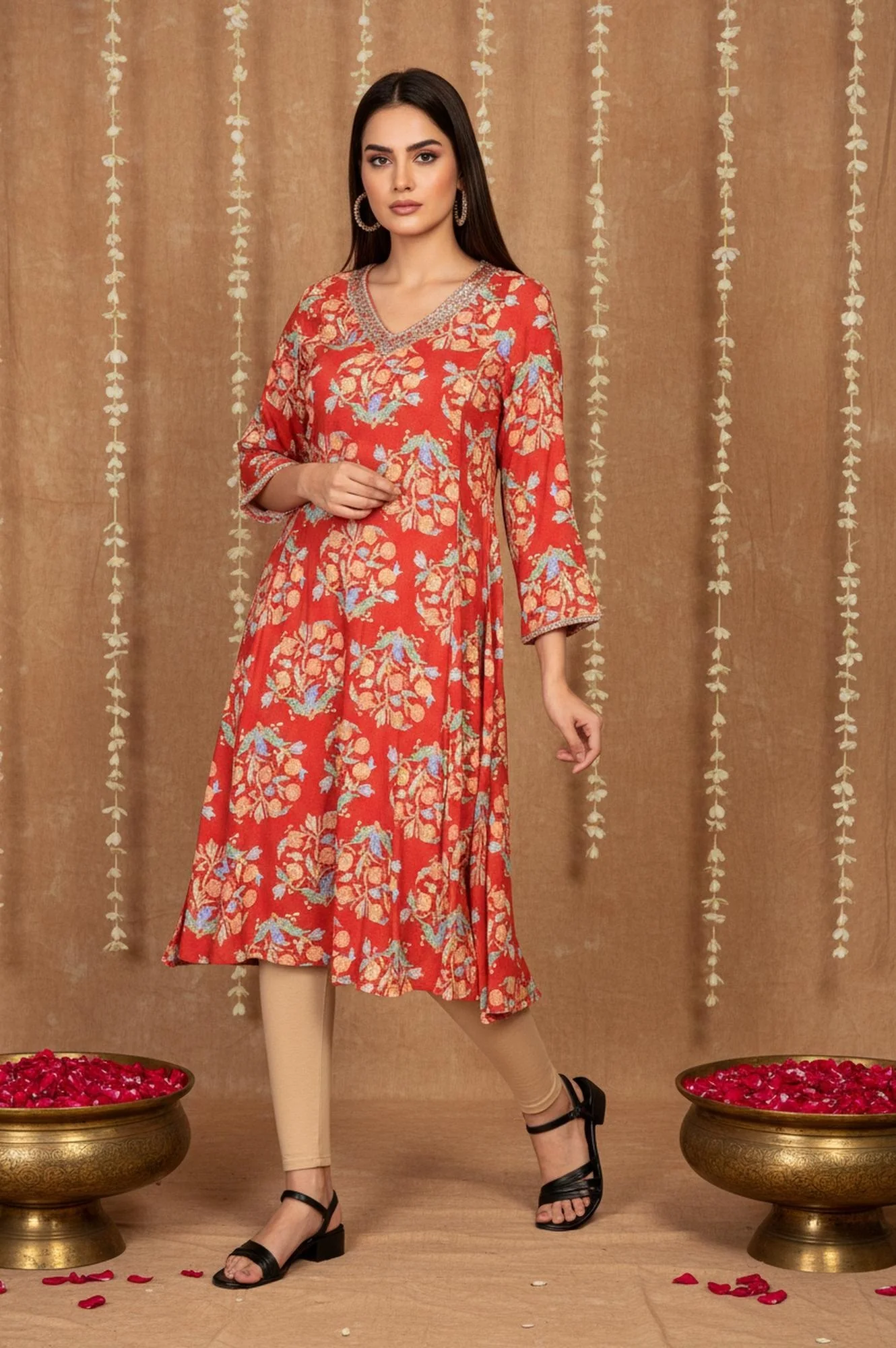 Red Floral Embroidered Flared Rayon Kurta - Image 6