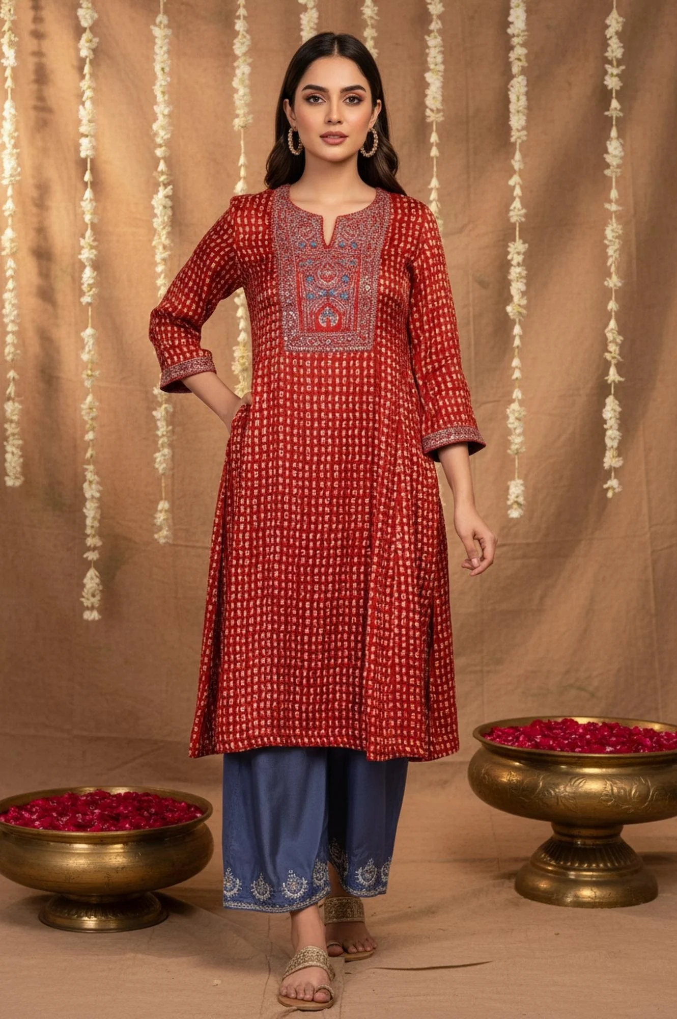 Red Floral Embroidered Straight Modal Satin Kurta - Image 2