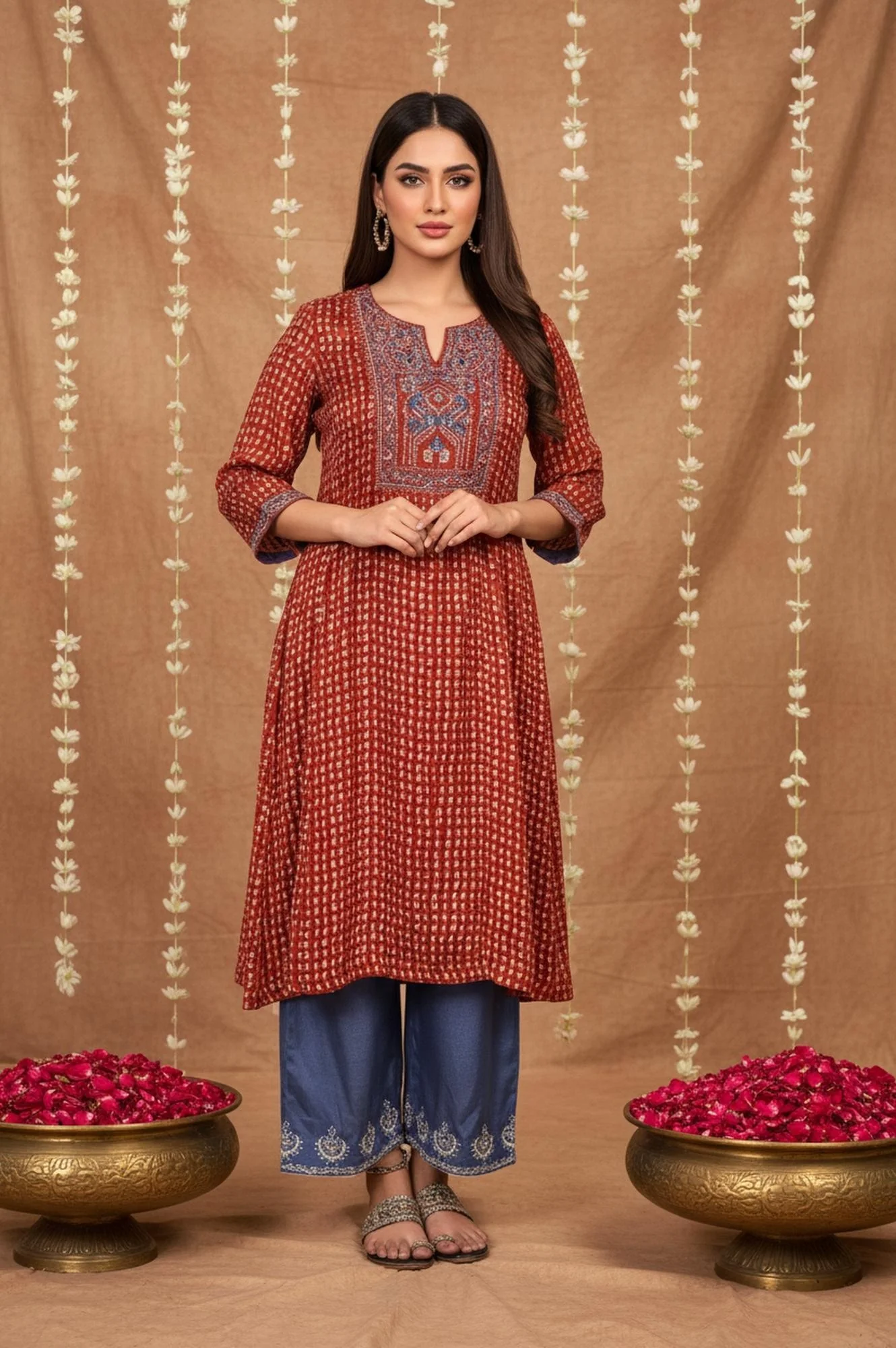 Red Floral Embroidered Straight Modal Satin Kurta - Image 4