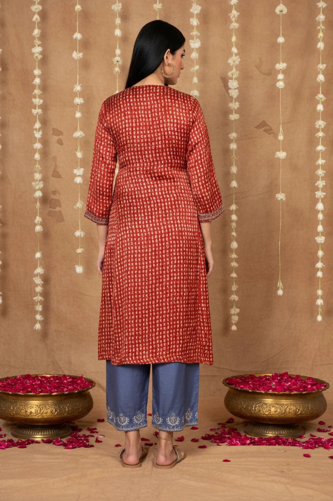 Red Floral Embroidered Straight Modal Satin Kurta - Image 5