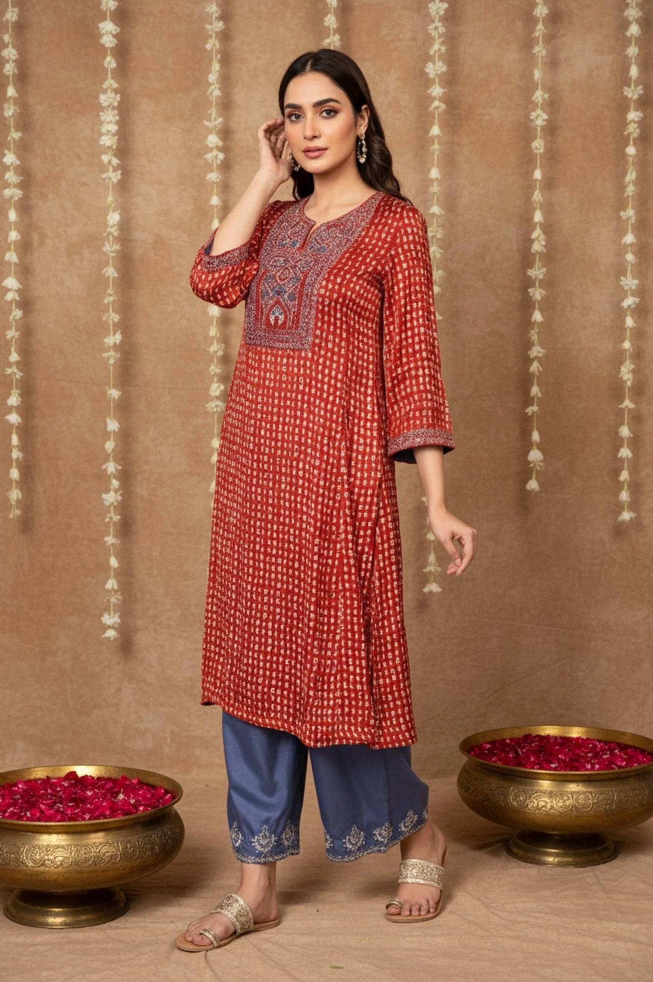 Red Floral Embroidered Straight Modal Satin Kurta - Image 6