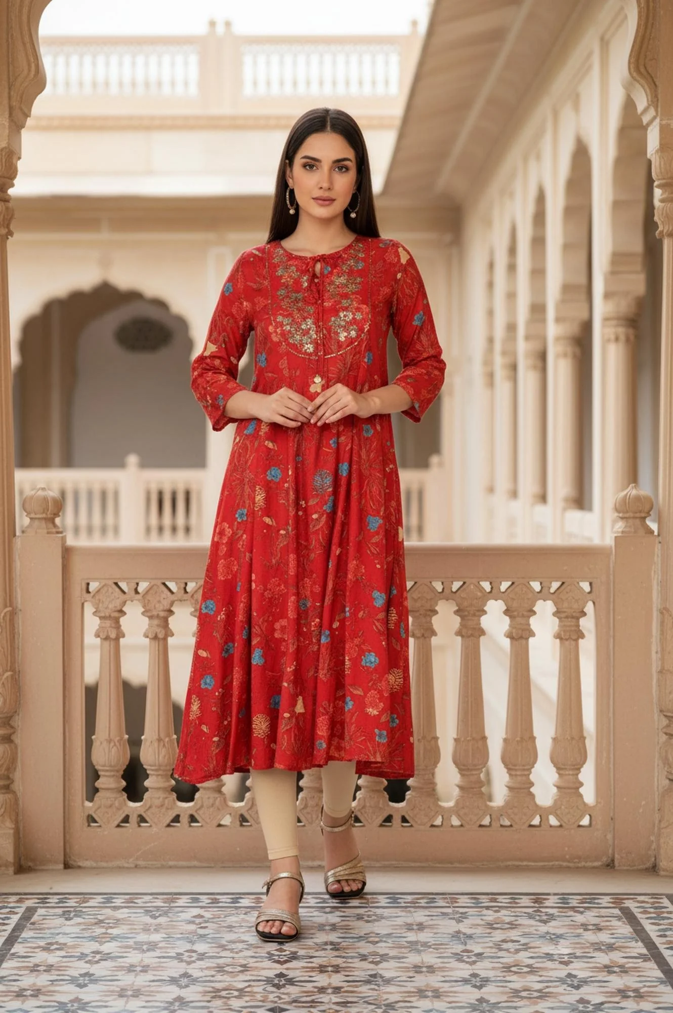 Red Floral Print Embroidered Sequined A-Line Shantung Kurta - Image 2