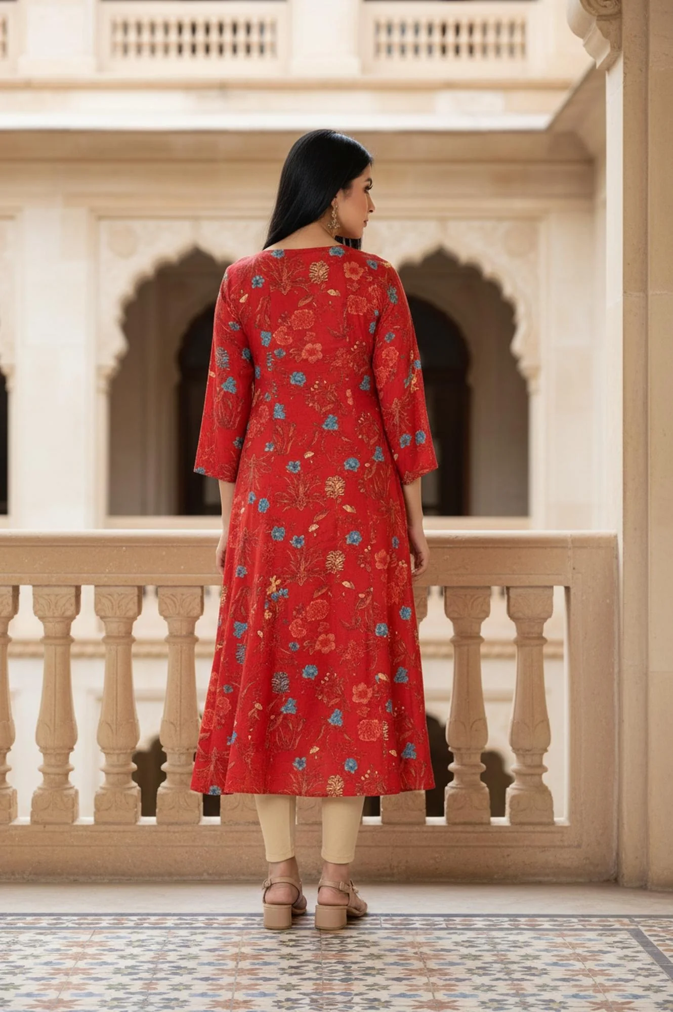 Red Floral Print Embroidered Sequined A-Line Shantung Kurta - Image 5