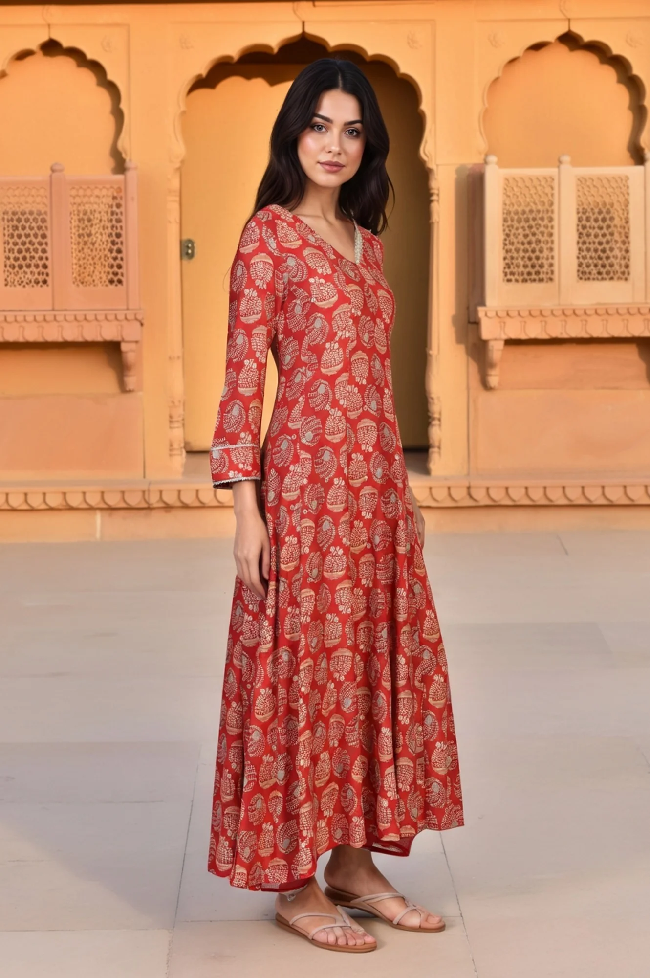 Red Floral Print Lace Detailing Flared Rayon Kurta with Pant and Dupatta Set - Image 4