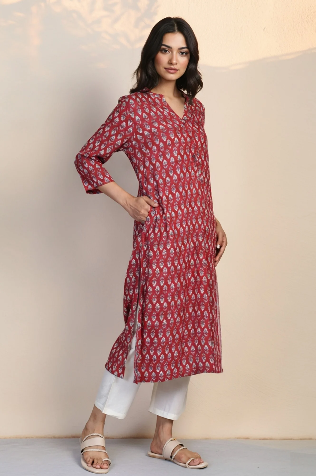 Red Floral Print Thread Work Straight Rayon Kurta - Image 4