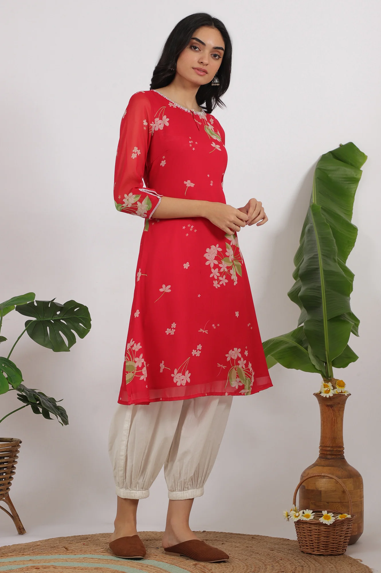 Red Floral Printed Chiffon A-line Kurta - Image 6
