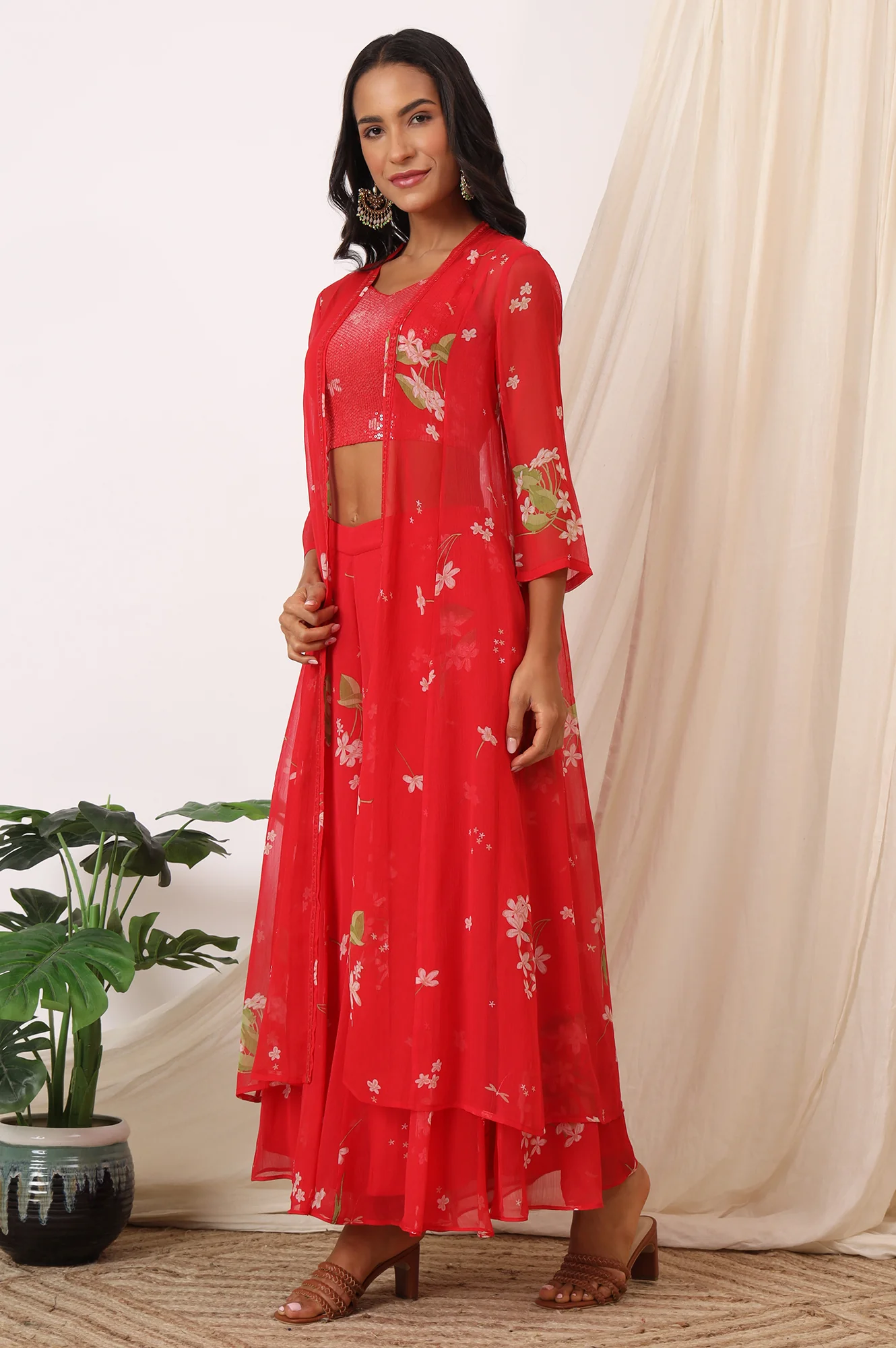 Red Floral Printed Chiffon Jacket, Crop Top and Culottes Set - Image 4