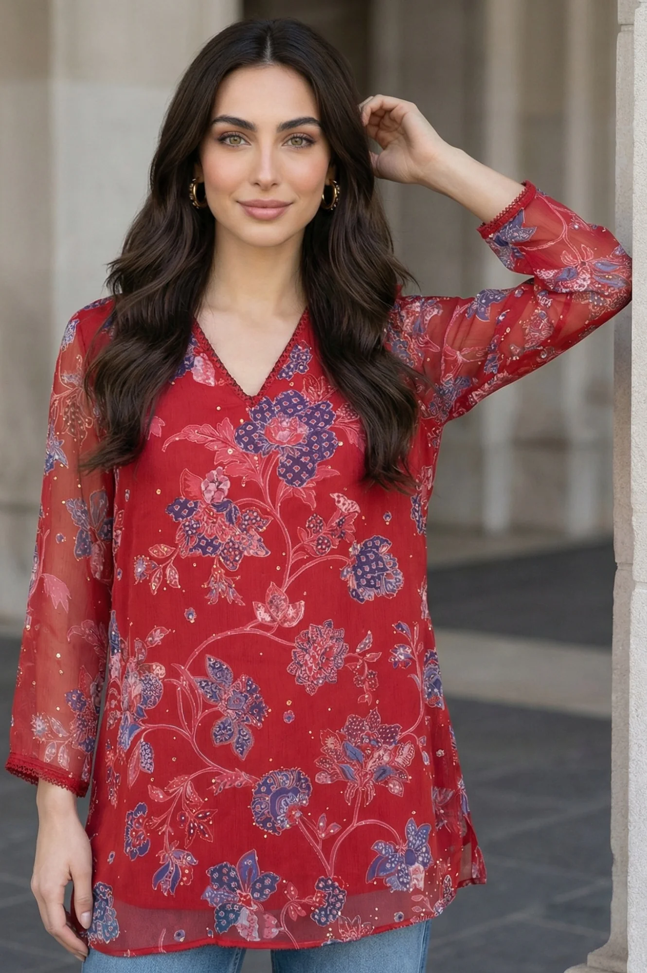 Red Floral Printed Chiffon Straight Top - Image 3