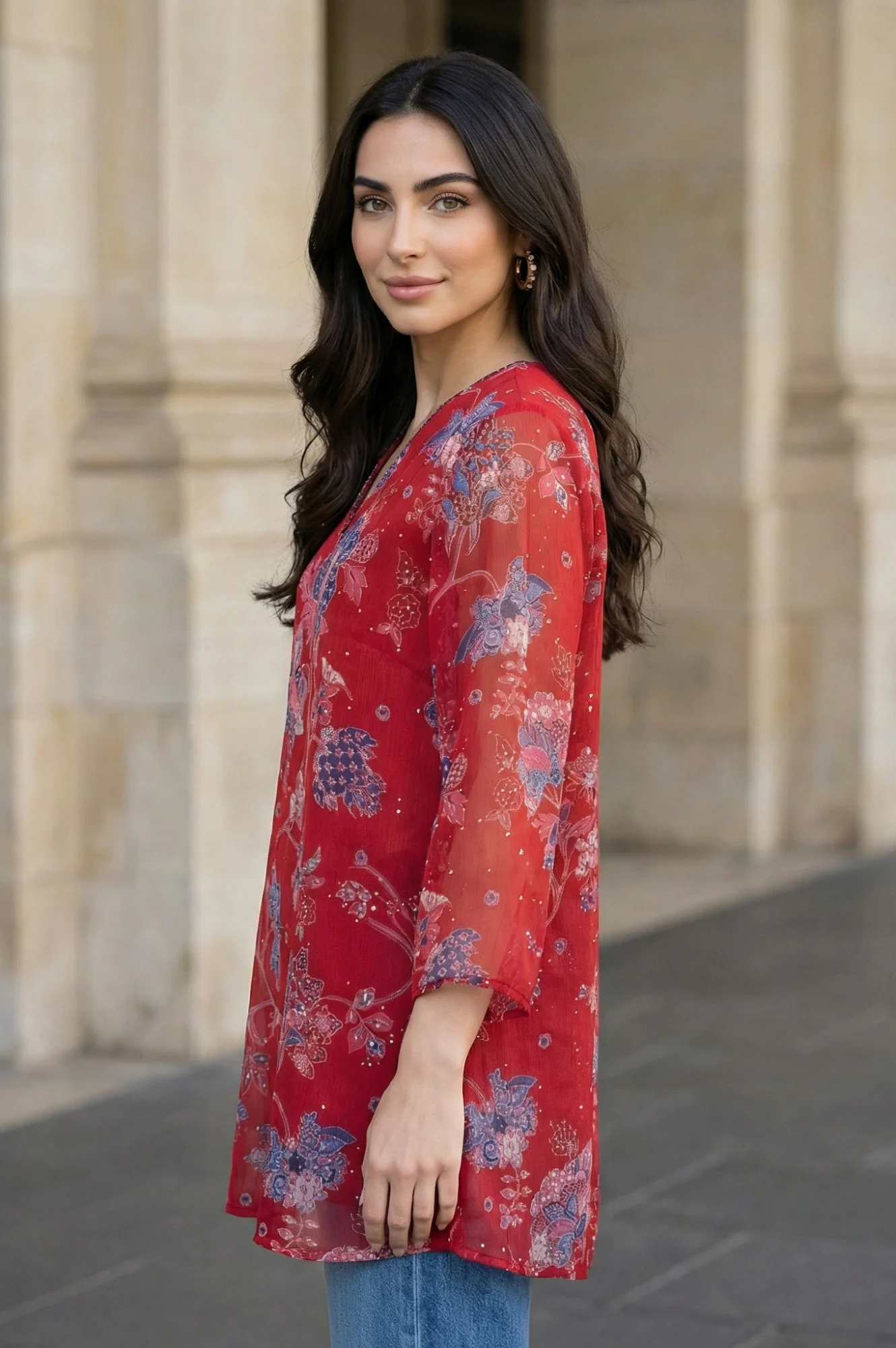 Red Floral Printed Chiffon Straight Top - Image 4