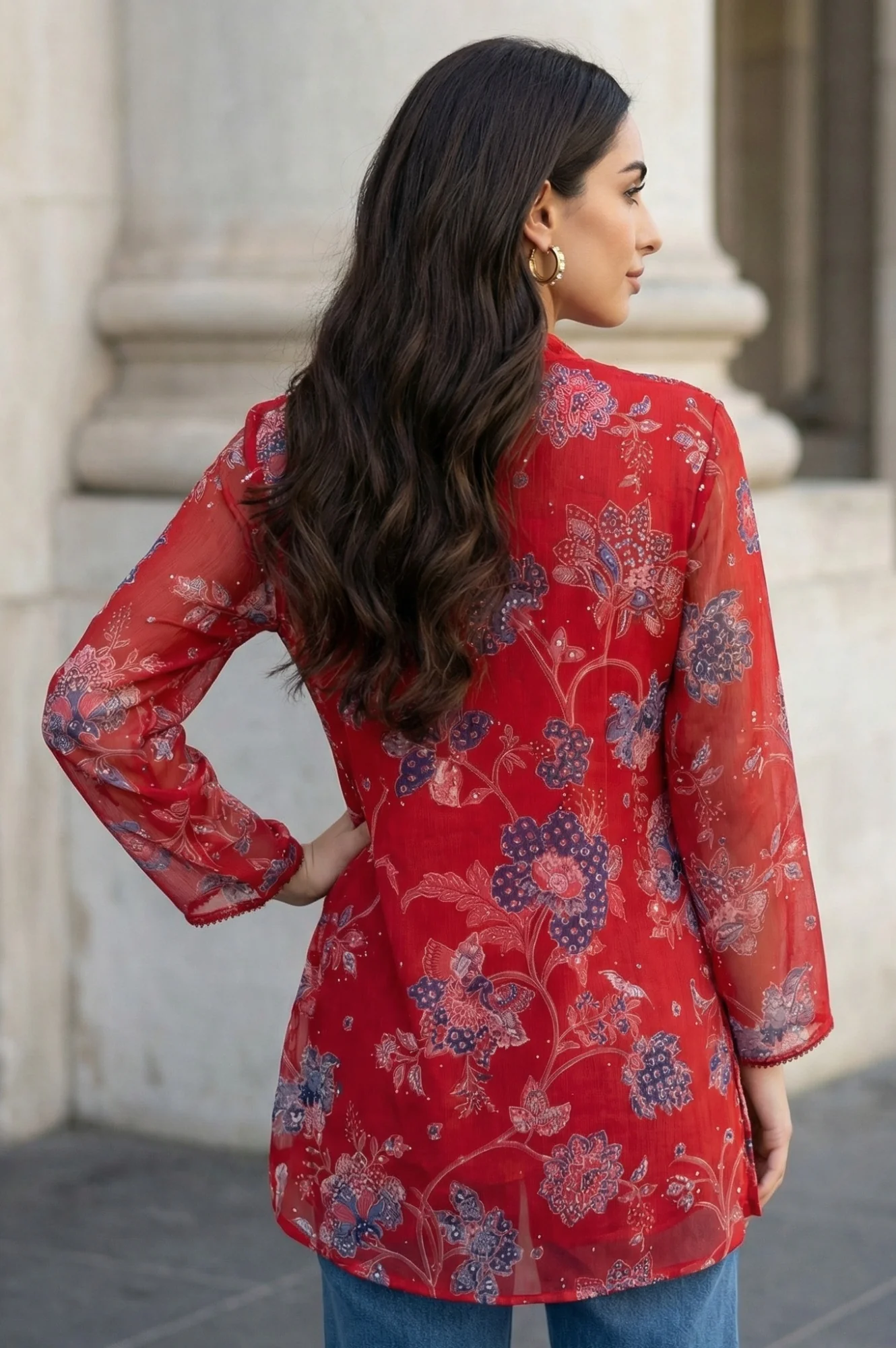 Red Floral Printed Chiffon Straight Top - Image 5