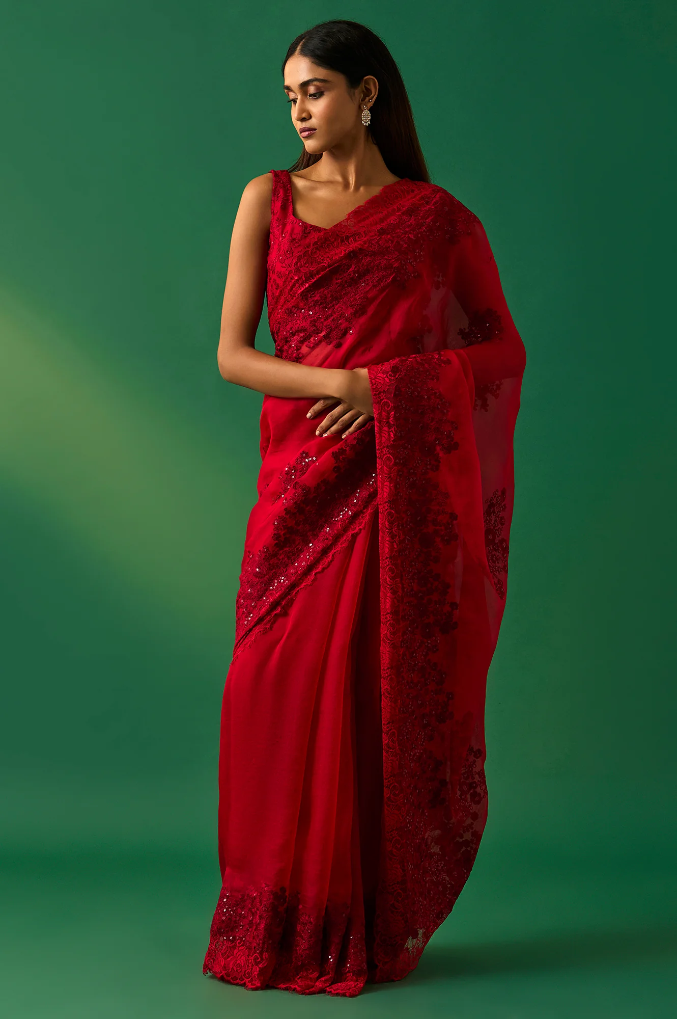 Red Floral Printed Embroidered Sequined Silk Saree with Unstitched Blouse