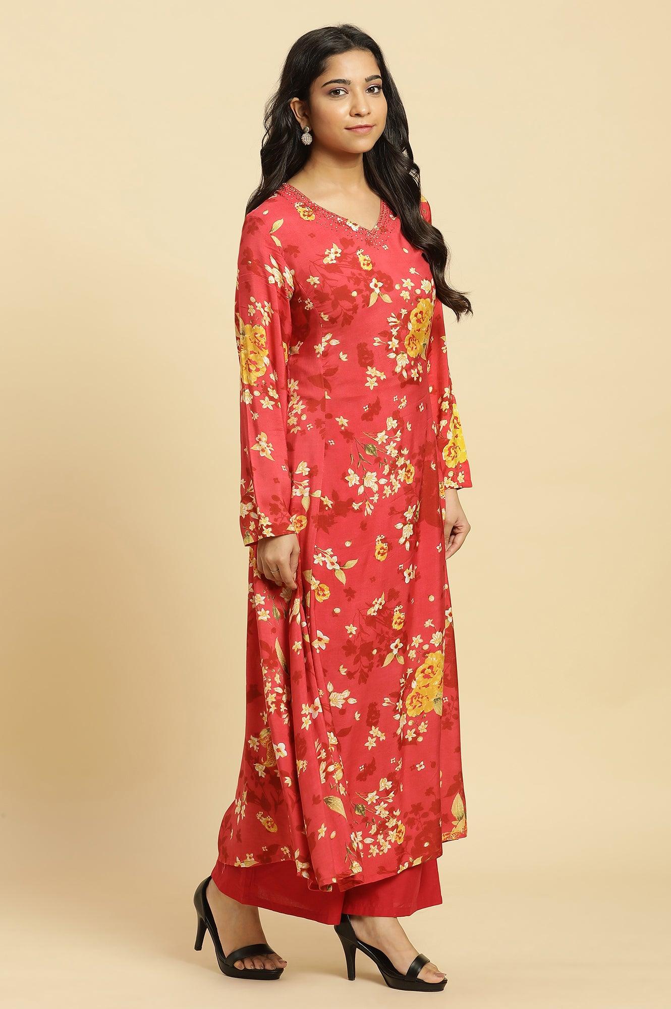 Red Floral Printed Flared Kurta - Image 6