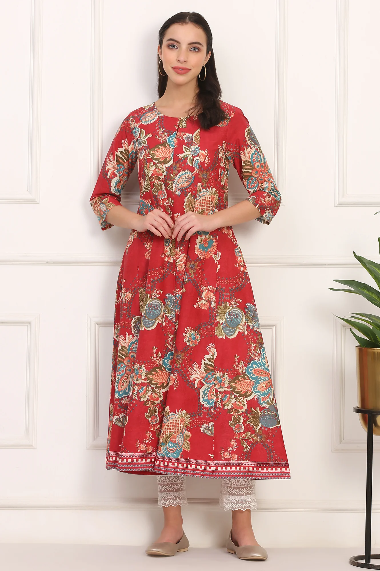 Red Floral Printed Flared Pure Cotton Kurta - Image 2