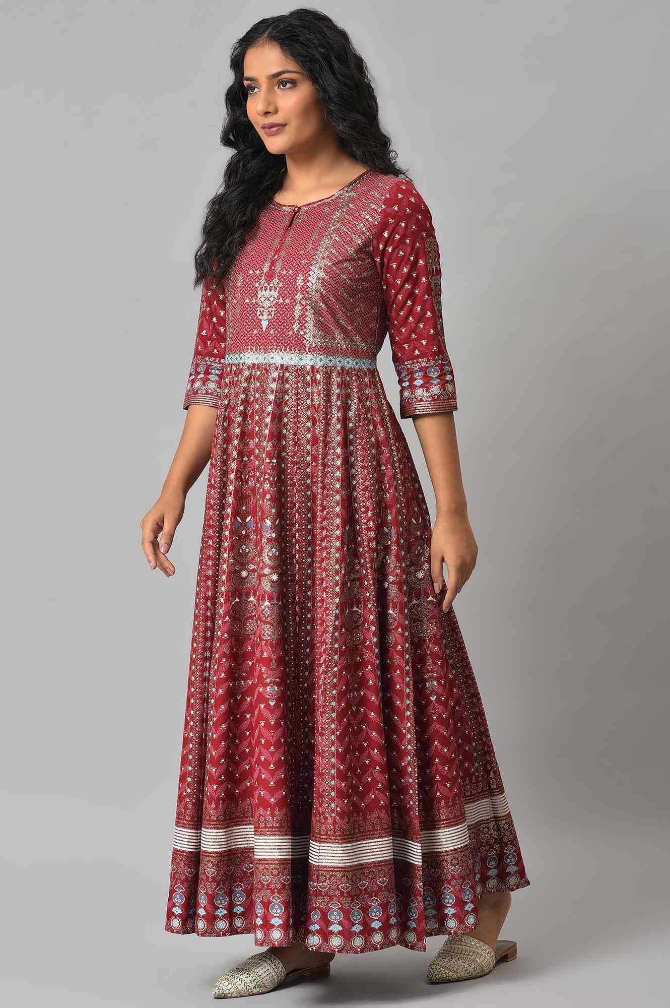 Red Floral Printed Kalidar Dress - Image 3