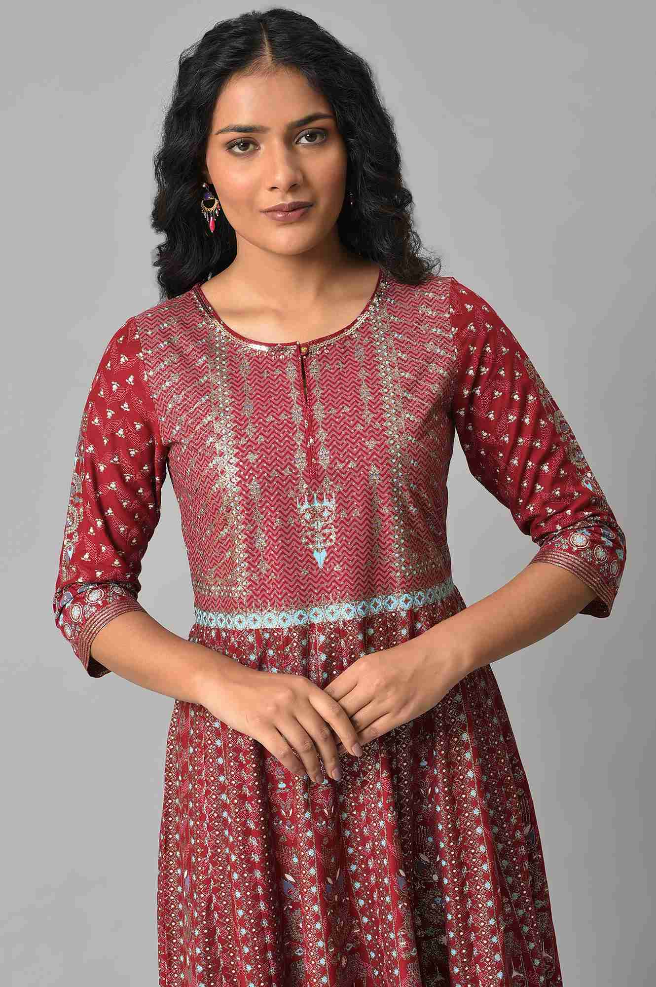 Red Floral Printed Kalidar Dress - Image 5