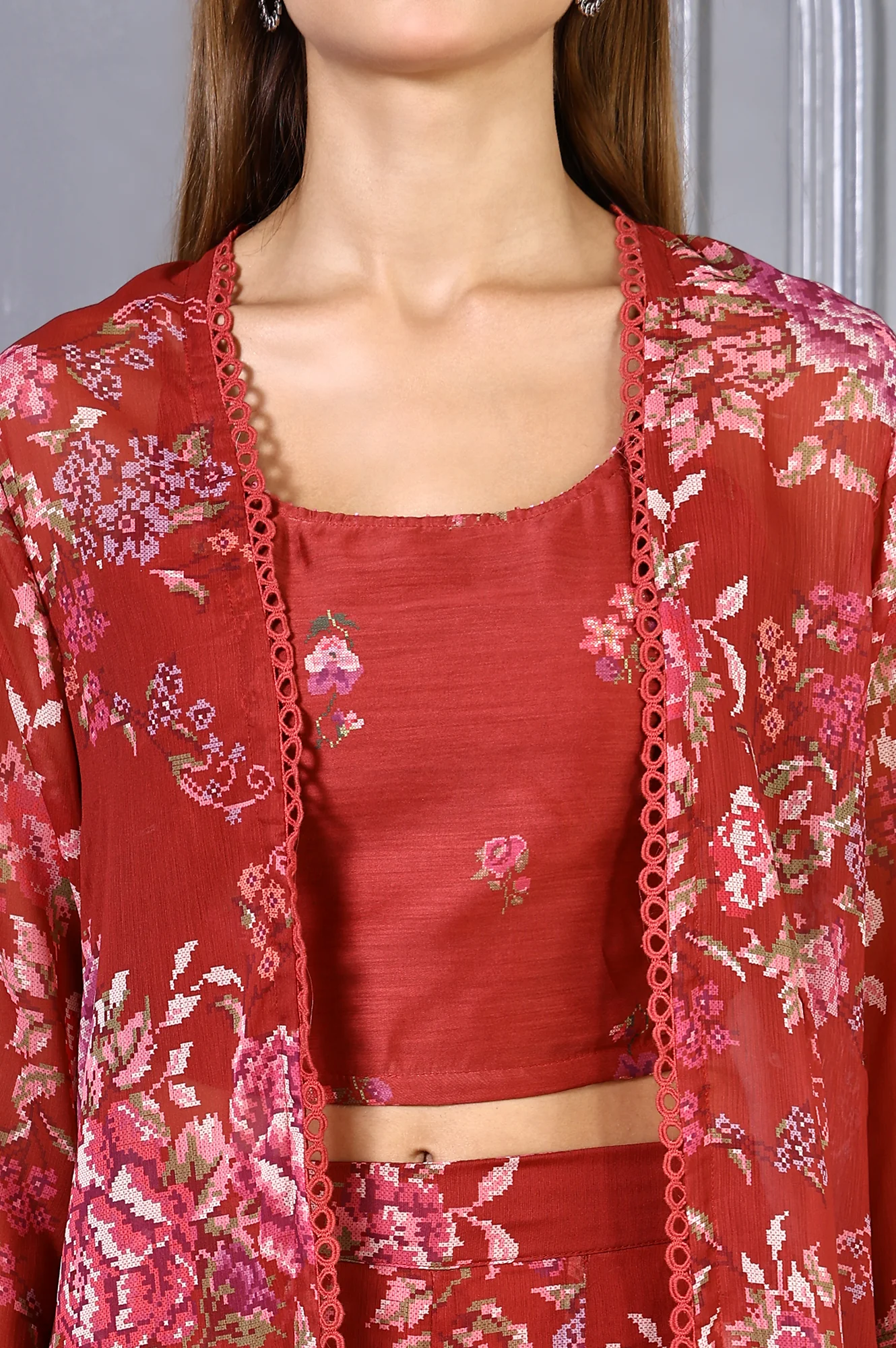 Red Floral Printed Lace Chiffon Crop Spaghetti Top, Jacket and Flared Pants Set - Image 3