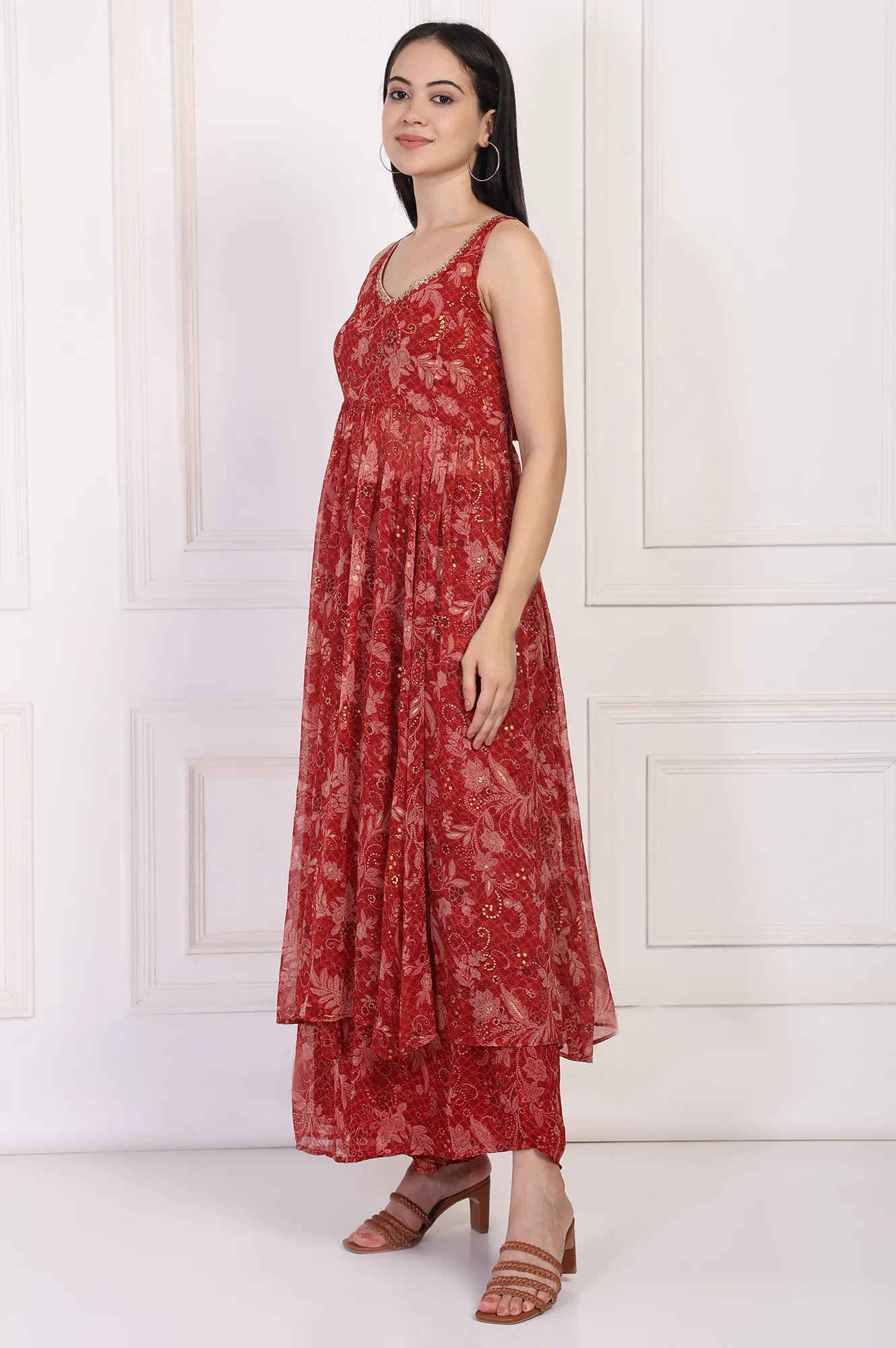Red Floral Printed Lace Trim Anarkali Chiffon Kurta with Flared Pant and Dupatta Set - Image 4