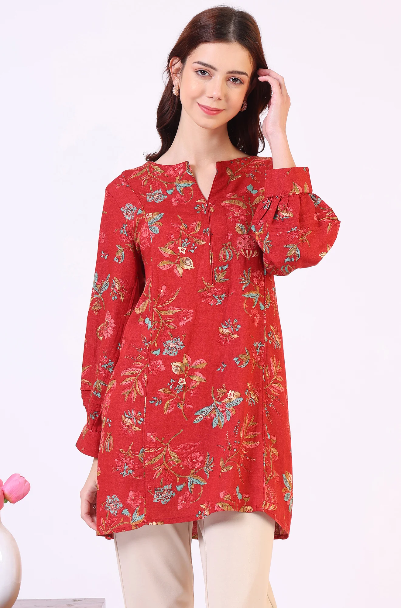 Red Floral Printed Princess Panelled Ethnic Top - Image 3