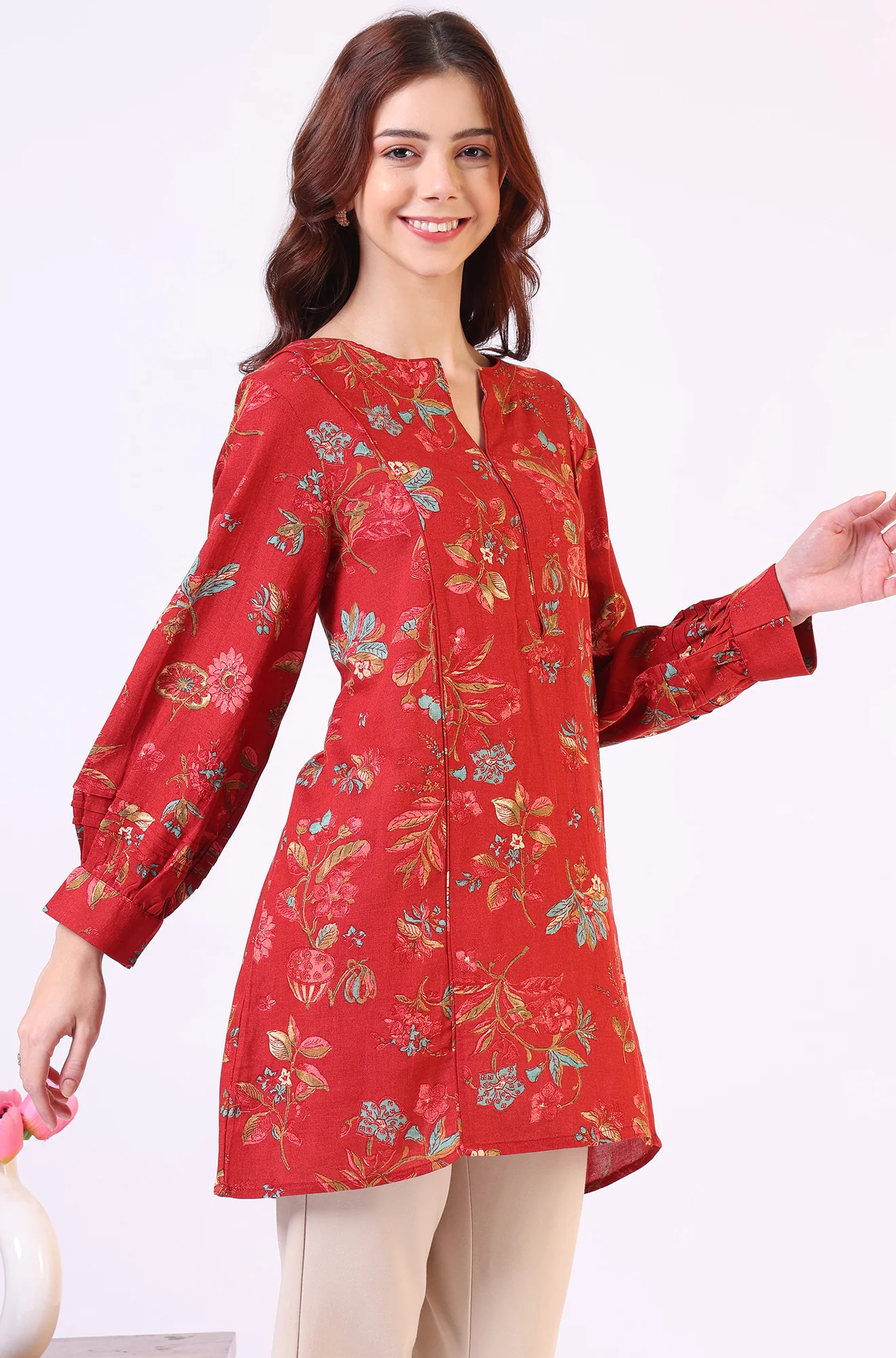 Red Floral Printed Princess Panelled Ethnic Top - Image 7