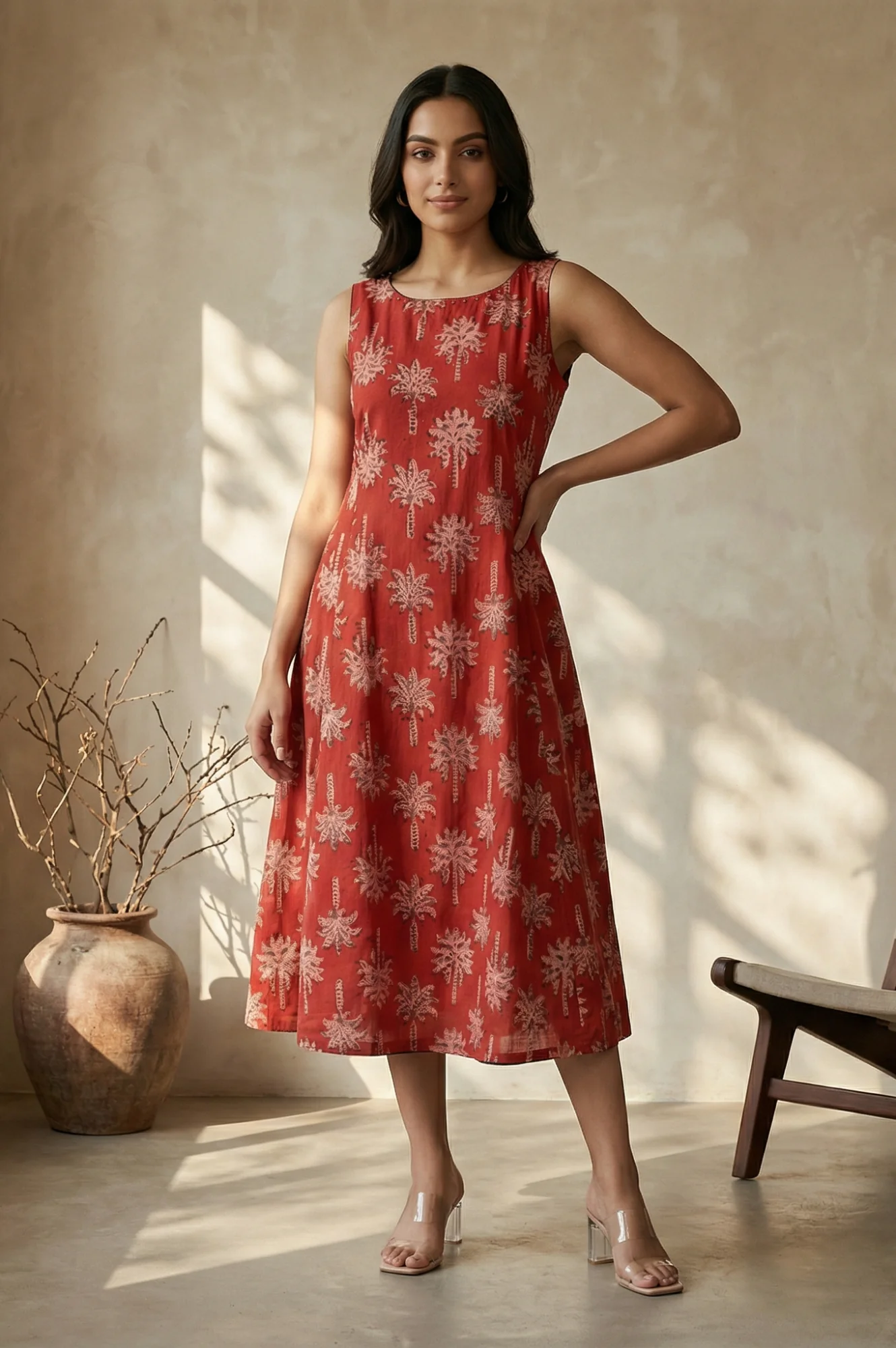 Red Floral Printed Pure Cotton A-line Dress
