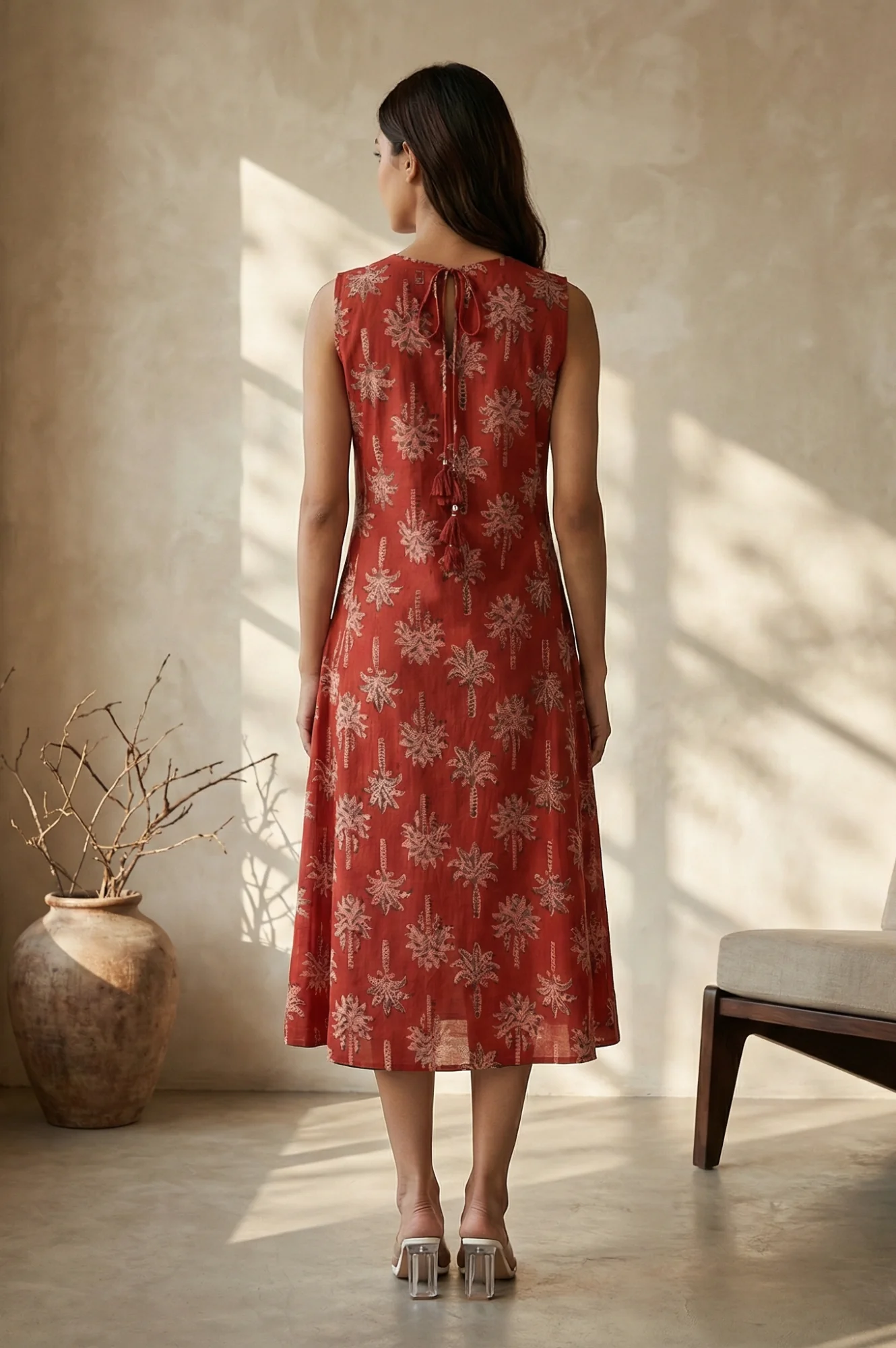 Red Floral Printed Pure Cotton A-line Dress - Image 4