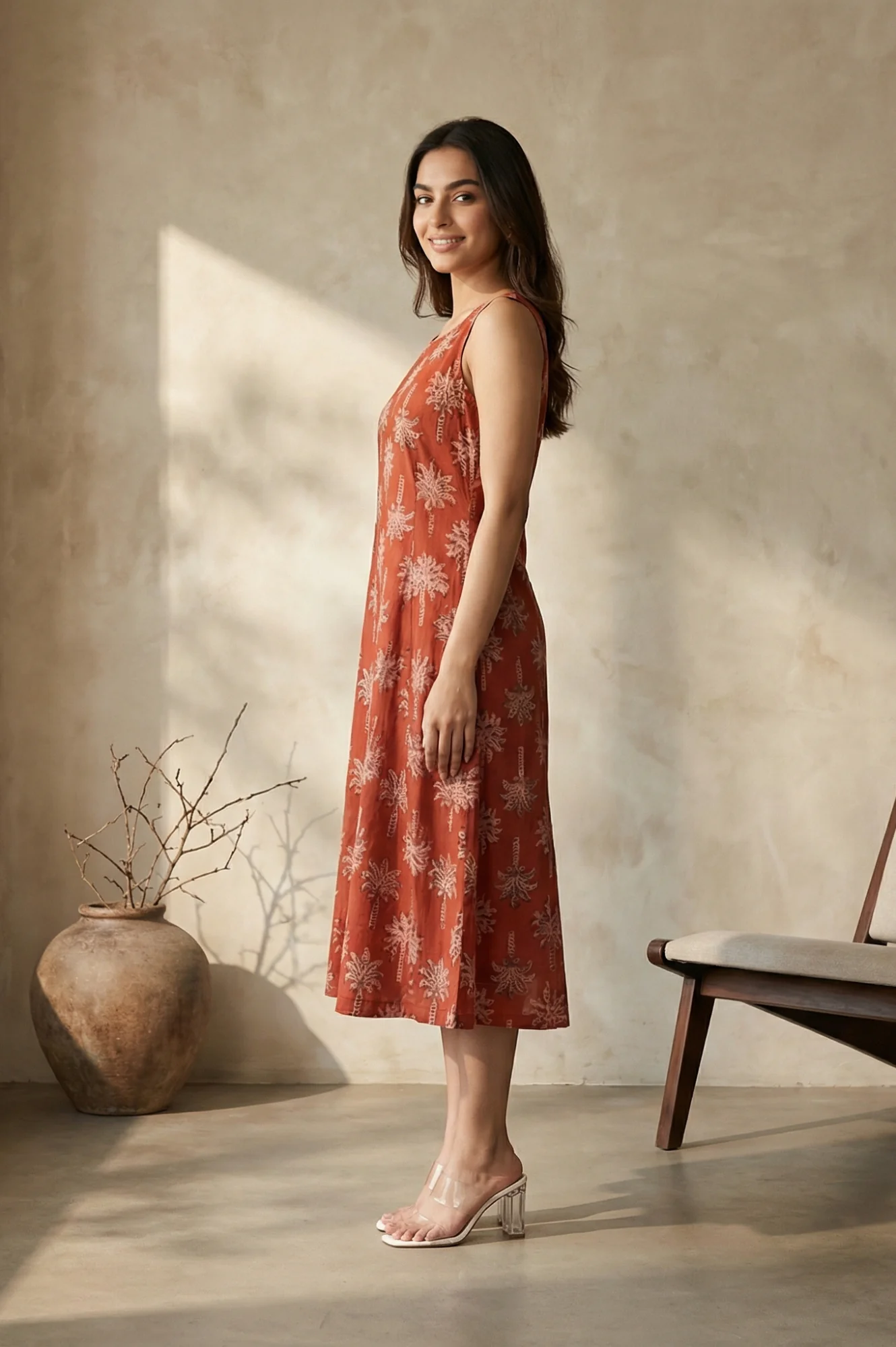 Red Floral Printed Pure Cotton A-line Dress - Image 5