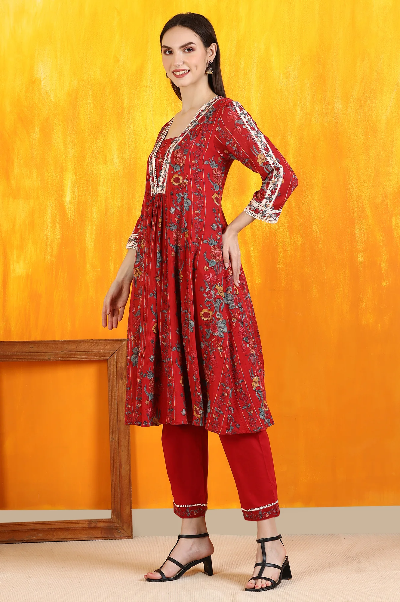 Red Floral Printed Pure Cotton Flared Kurta and Pants Co-ord Set with Dupatta - Image 5