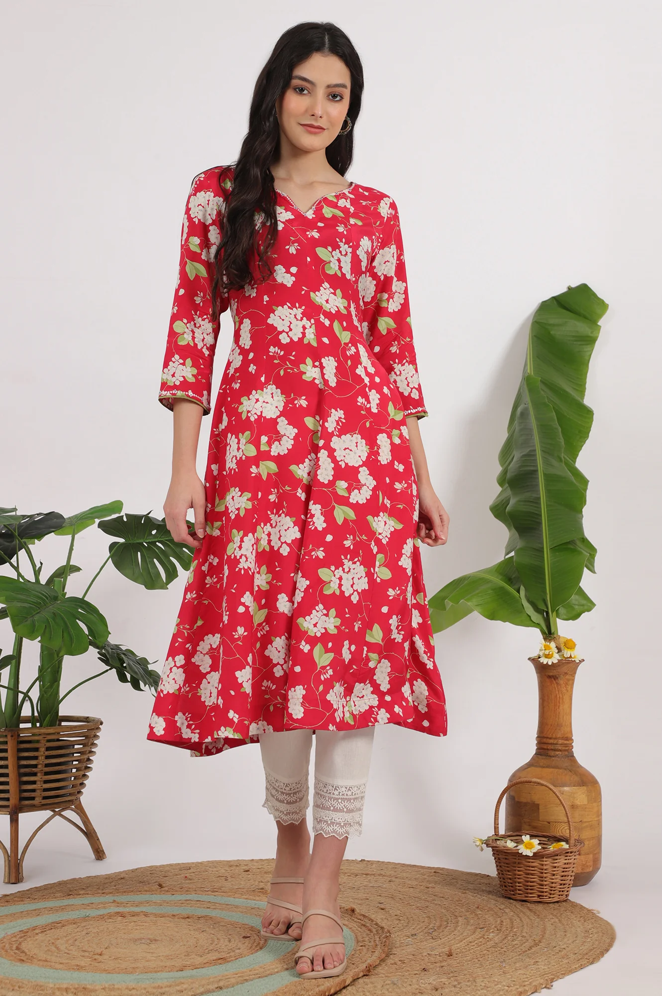 Red Floral Printed Rayon A-line Kurta - Image 2