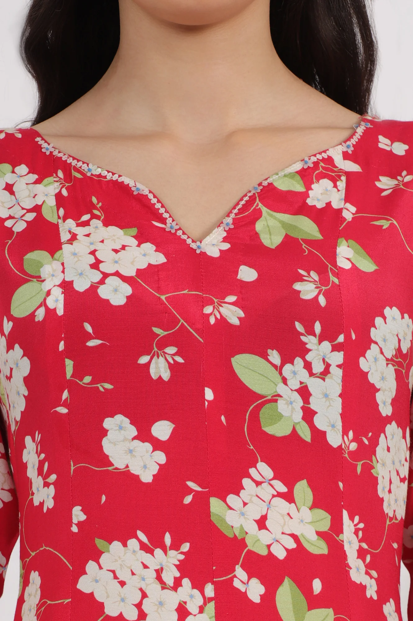 Red Floral Printed Rayon A-line Kurta - Image 4
