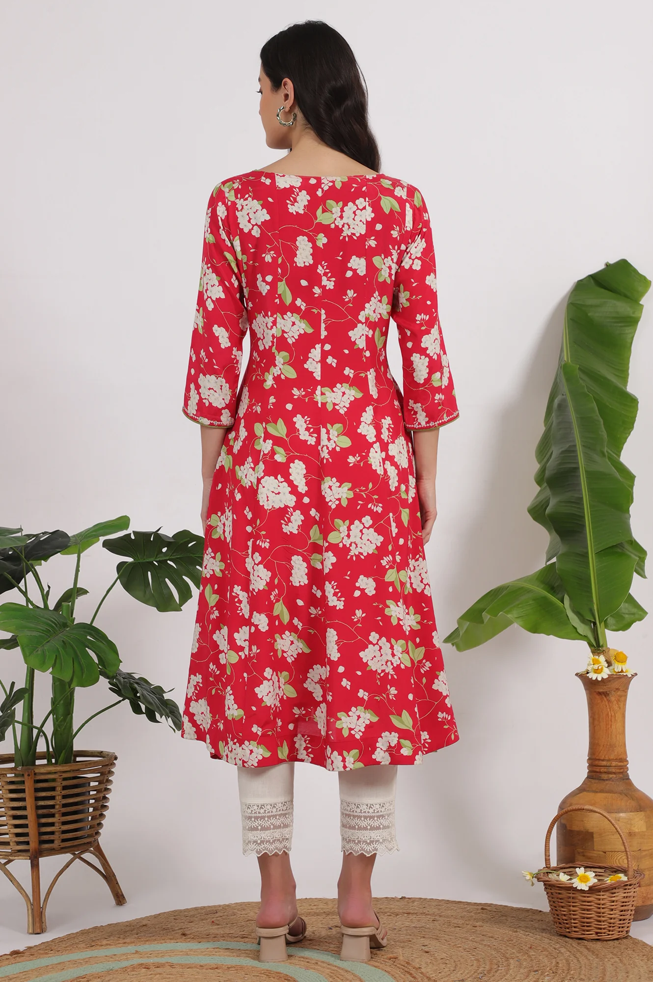 Red Floral Printed Rayon A-line Kurta - Image 6