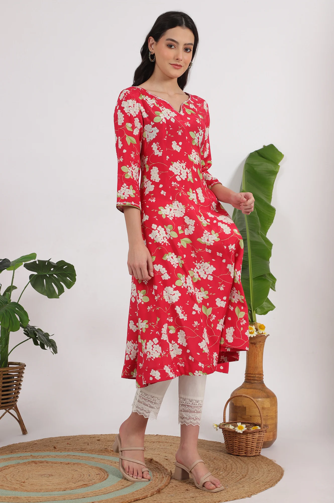 Red Floral Printed Rayon A-line Kurta - Image 7