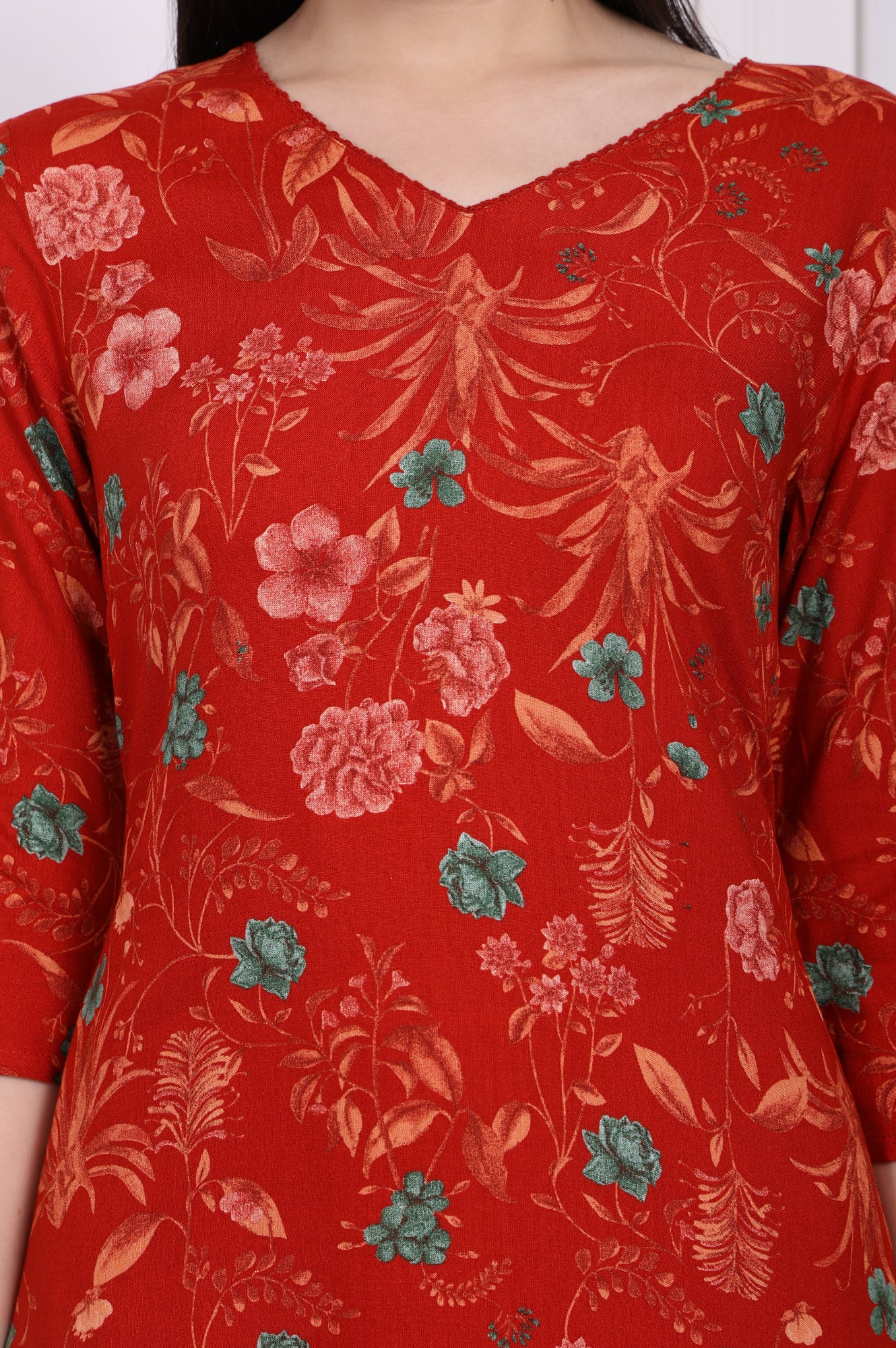 Red Floral Straight Rayon Kurta - Image 3